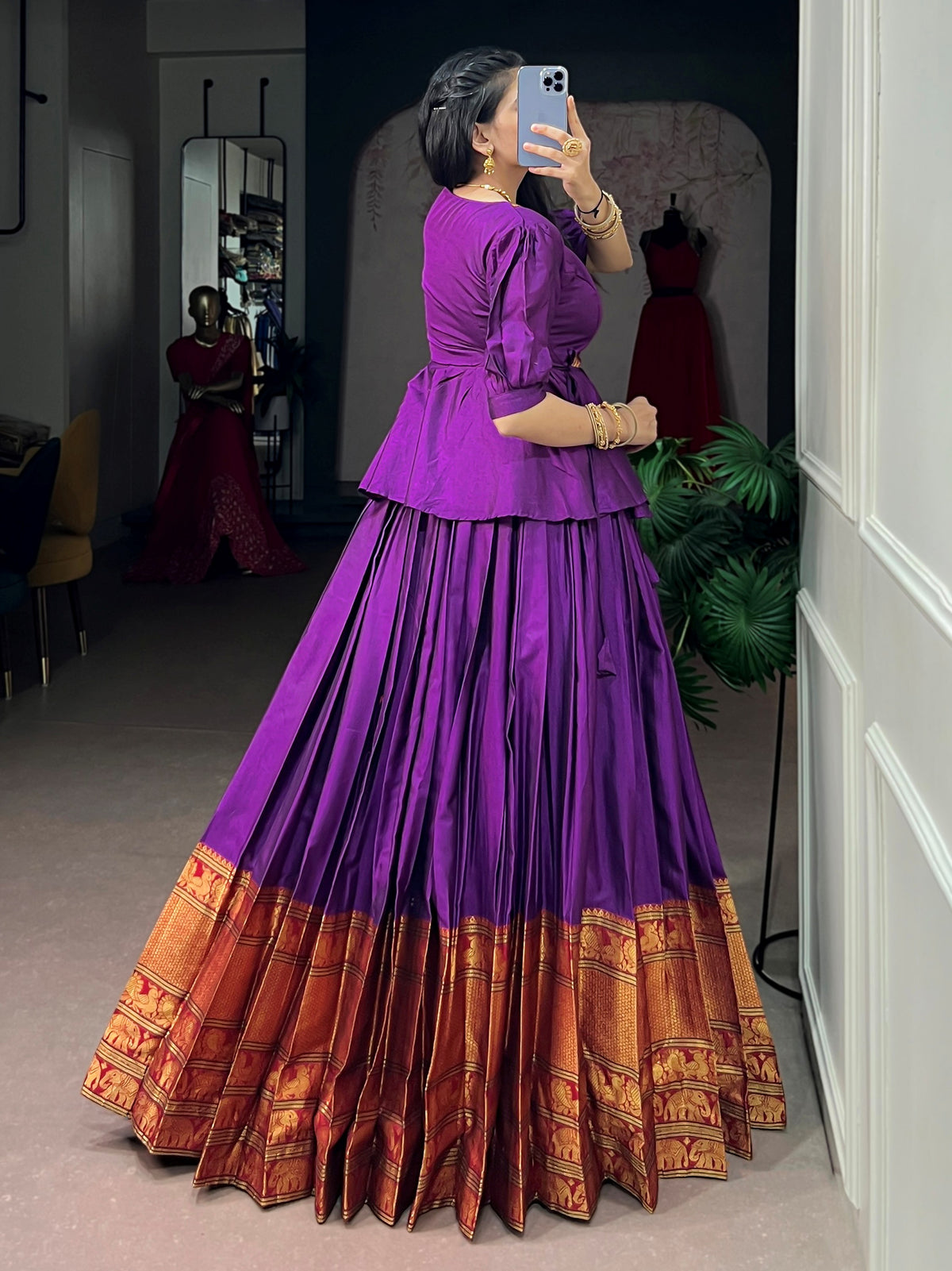 Charming Purple Zari Weaving Cotton Festive Wear Crop Top Lehenga