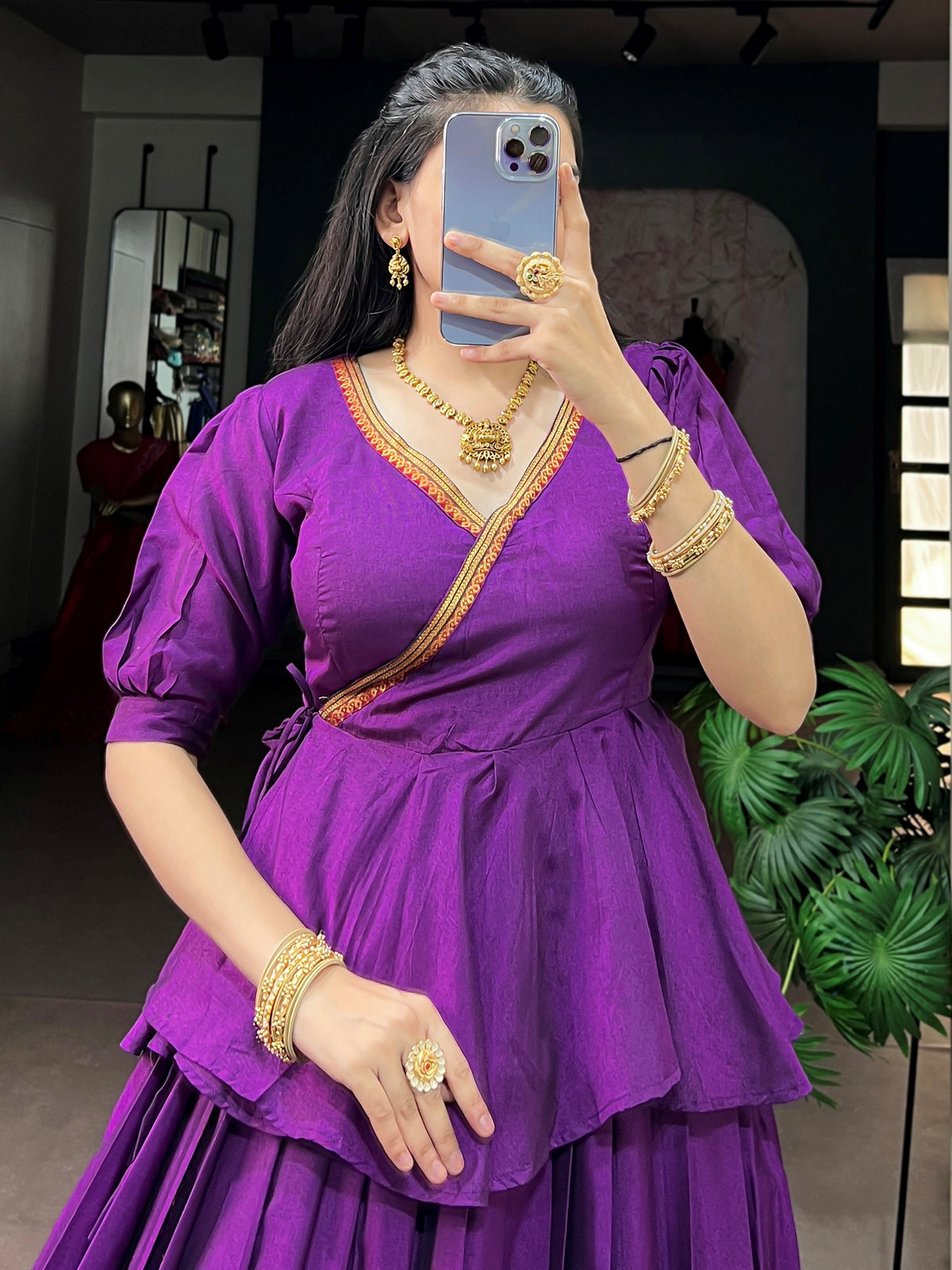 Charming Purple Zari Weaving Cotton Festive Wear Crop Top Lehenga