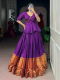 Charming Purple Zari Weaving Cotton Festive Wear Crop Top Lehenga