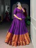 Charming Purple Zari Weaving Cotton Festive Wear Crop Top Lehenga