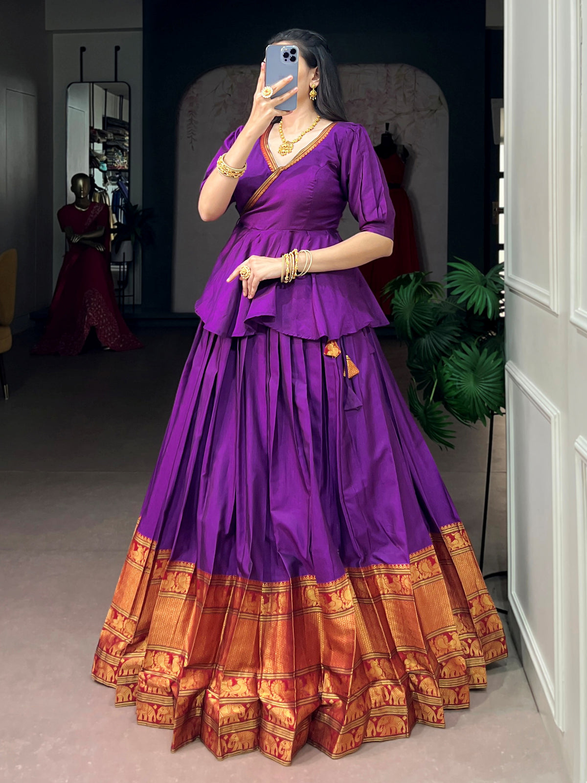 Charming Purple Zari Weaving Cotton Festive Wear Crop Top Lehenga