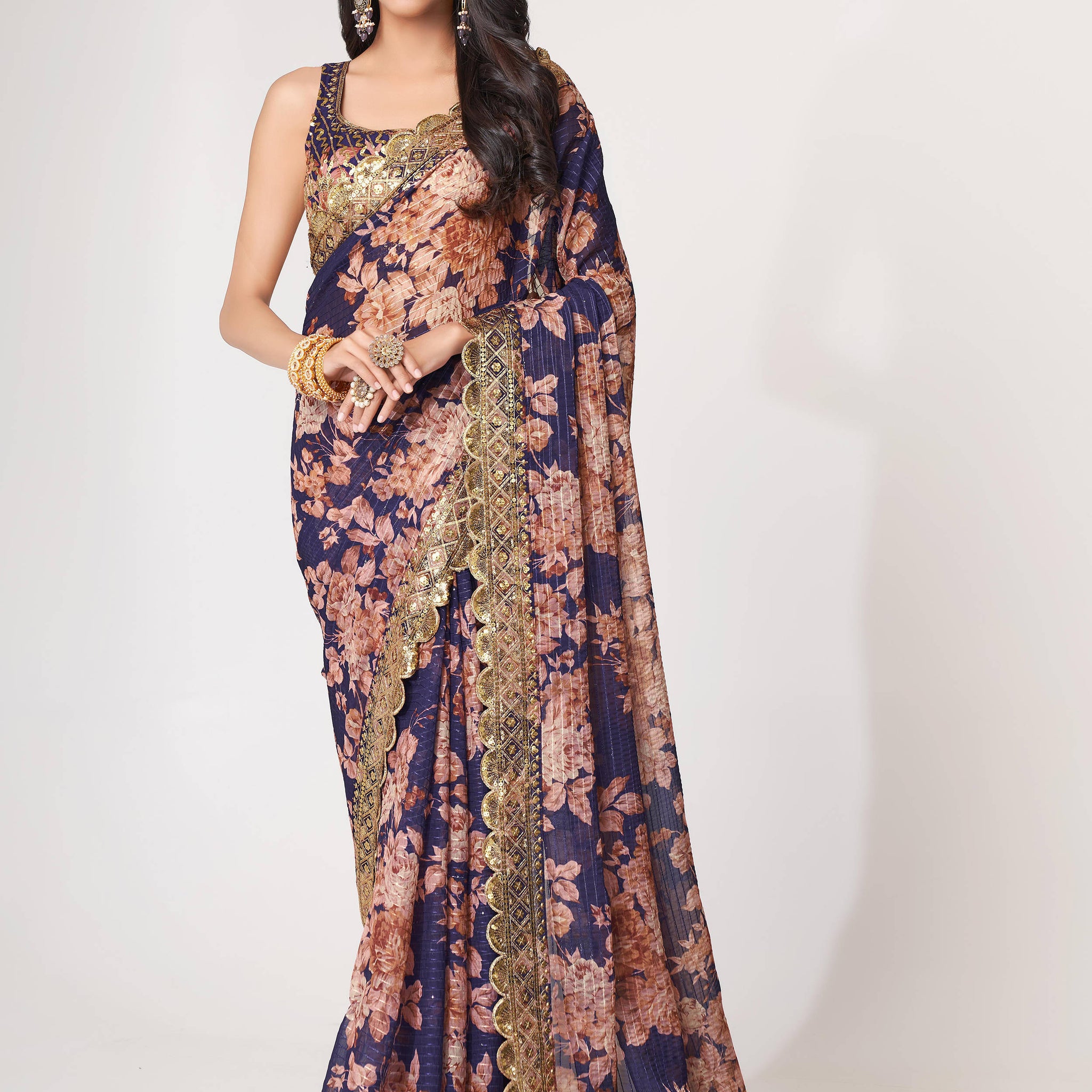 Lovely Purple Floral Print Organza Party Wear Saree With Blouse