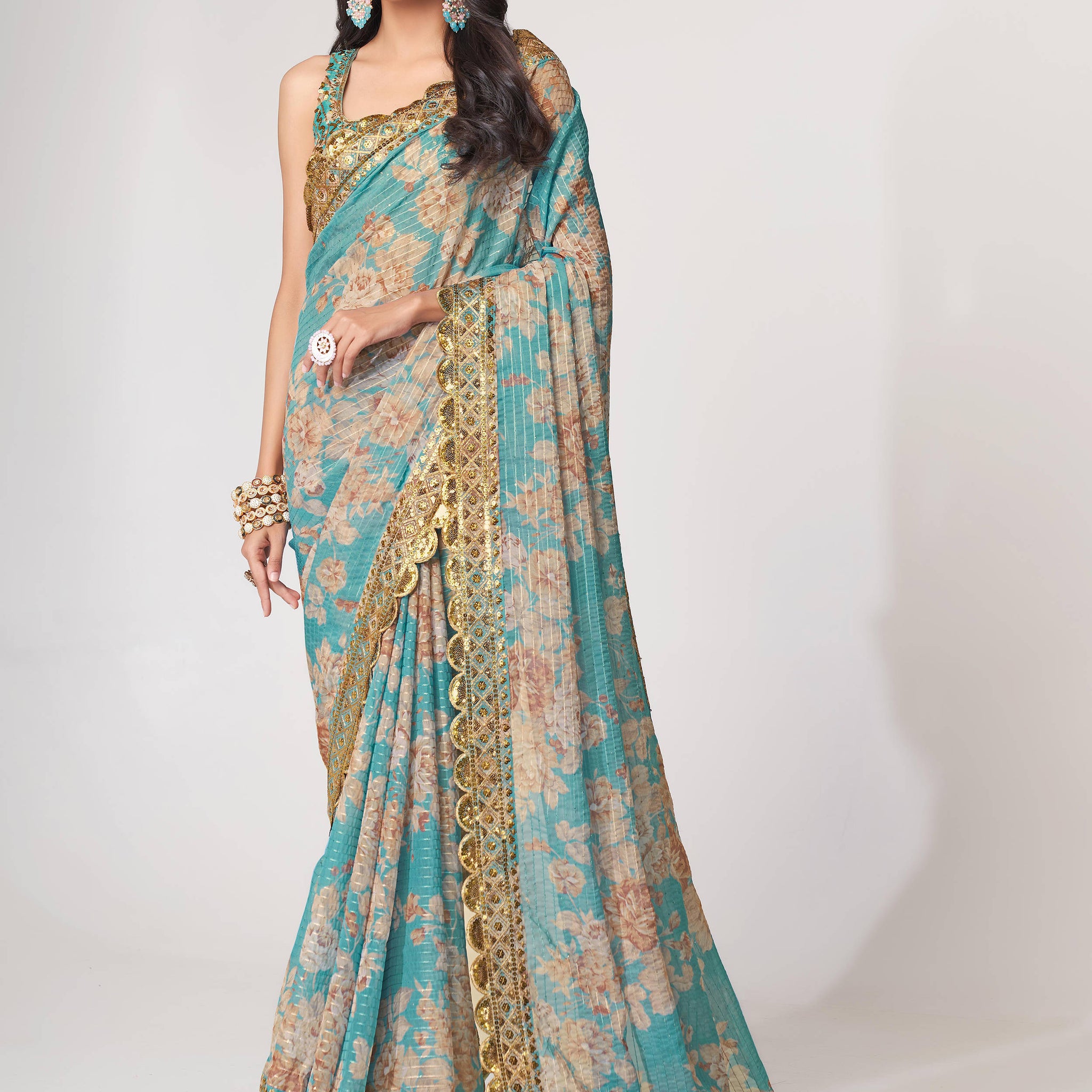 Pretty Sky Blue Floral Print Organza Festival Wear Saree With Blouse