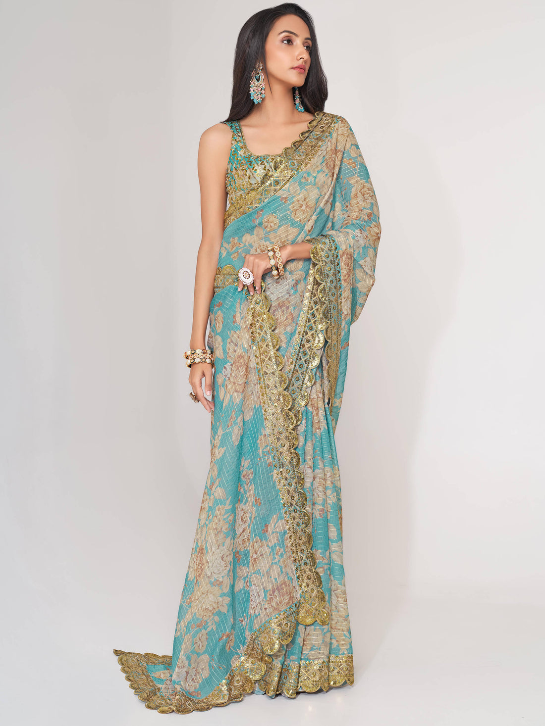 Pretty Sky Blue Floral Print Organza Festival Wear Saree With Blouse
