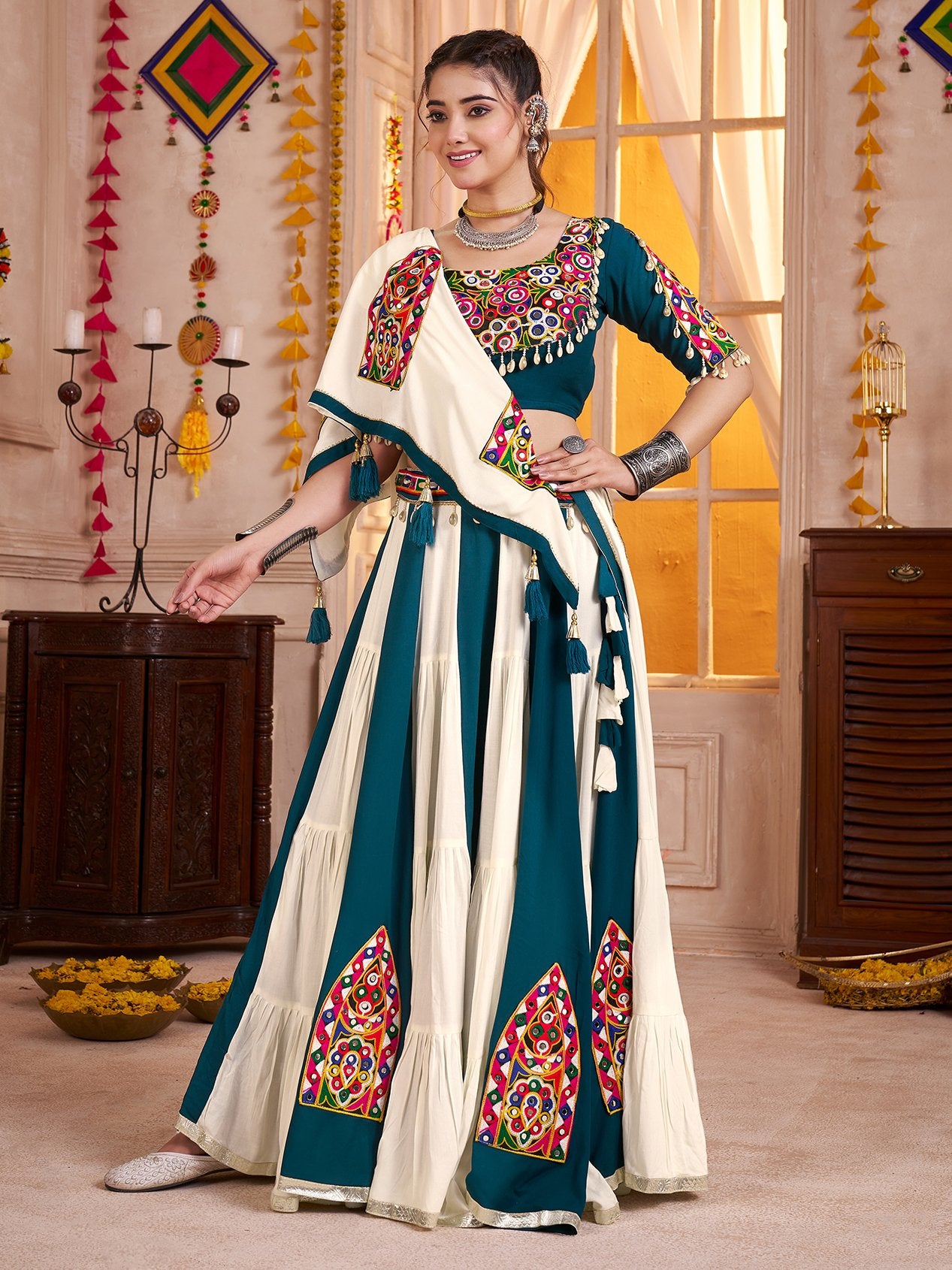 Striking Multi-Color Kutchi Patch Work Cotton Traditional Lehenga Choli With Dupatta