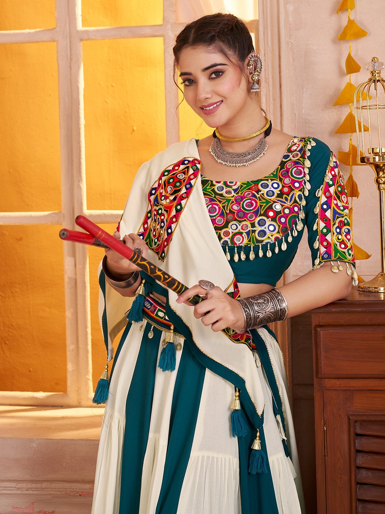 Striking Multi-Color Kutchi Patch Work Cotton Traditional Lehenga Choli With Dupatta
