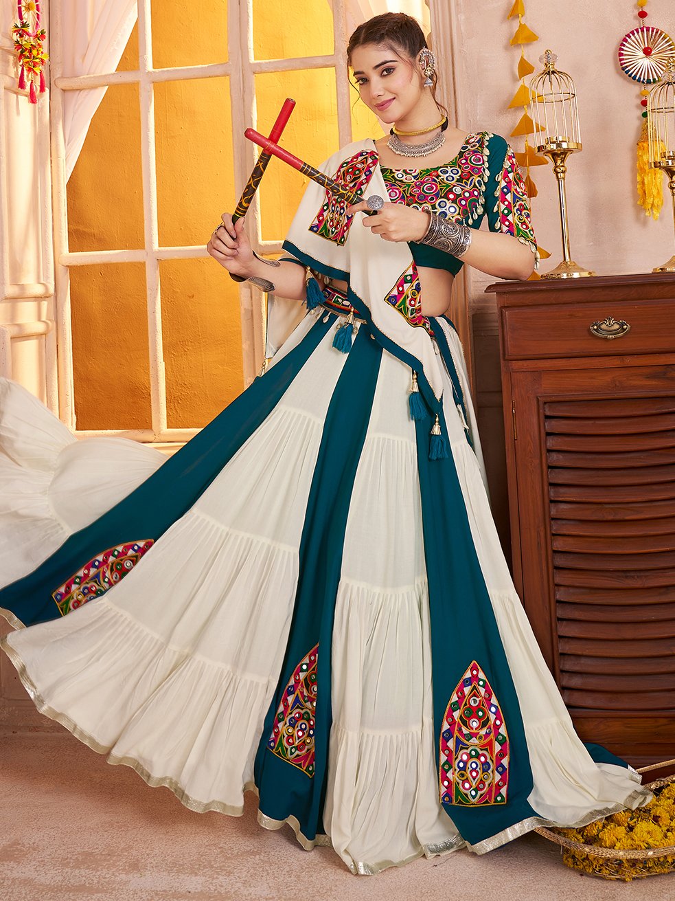 Striking Multi-Color Kutchi Patch Work Cotton Traditional Lehenga Choli With Dupatta