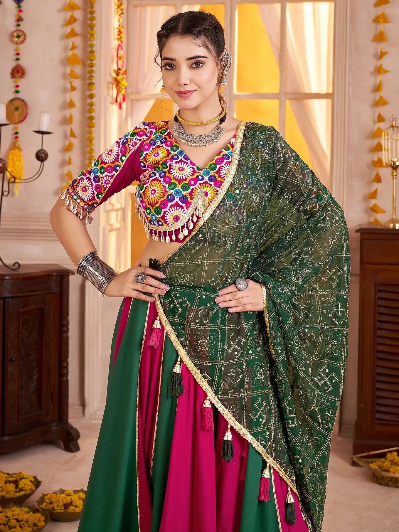 Amazing Multi-Color Lace Border Cotton Navratri Special Lehenga With Blouse