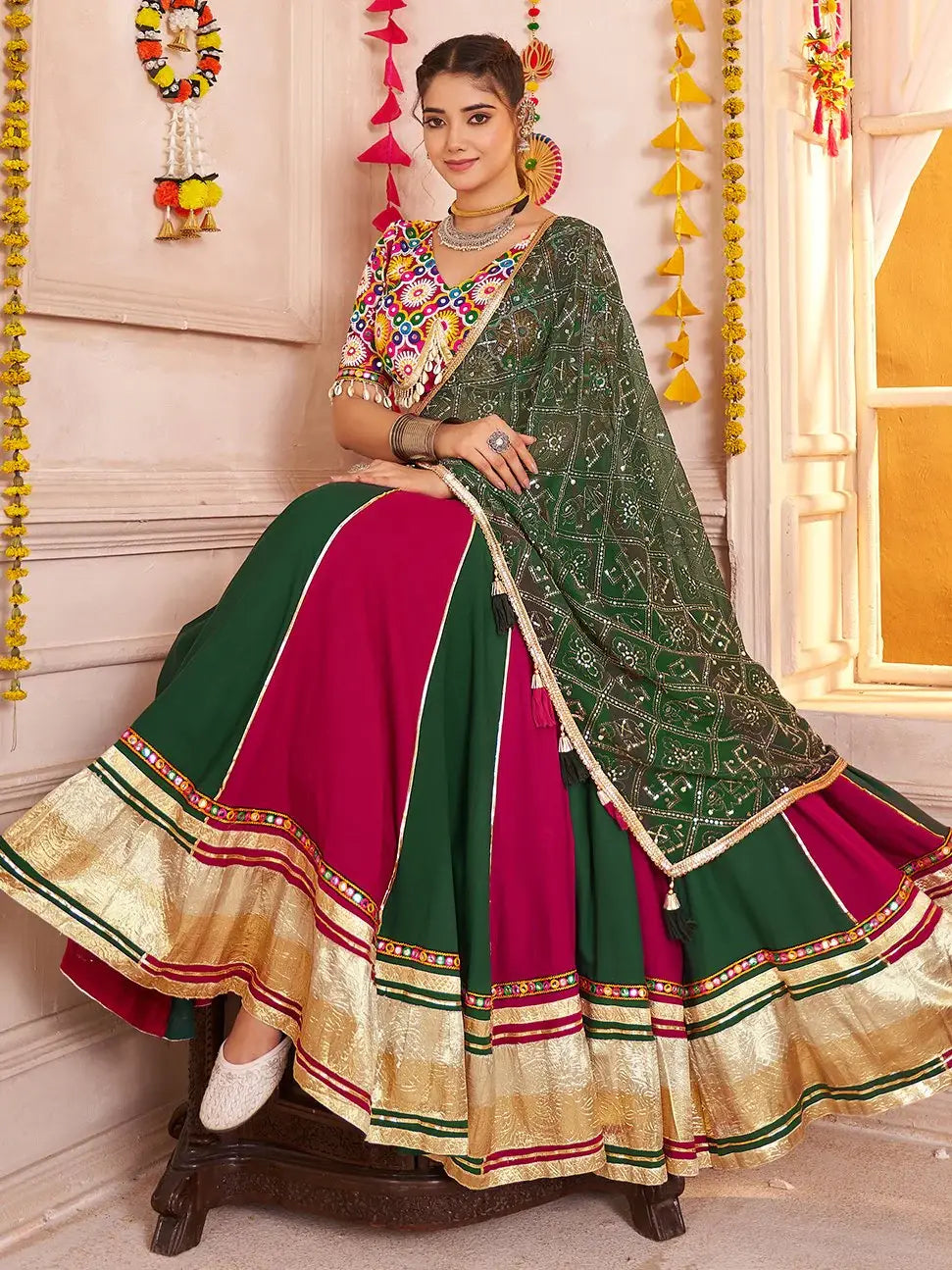 Amazing Multi-Color Lace Border Cotton Navratri Special Lehenga With Blouse