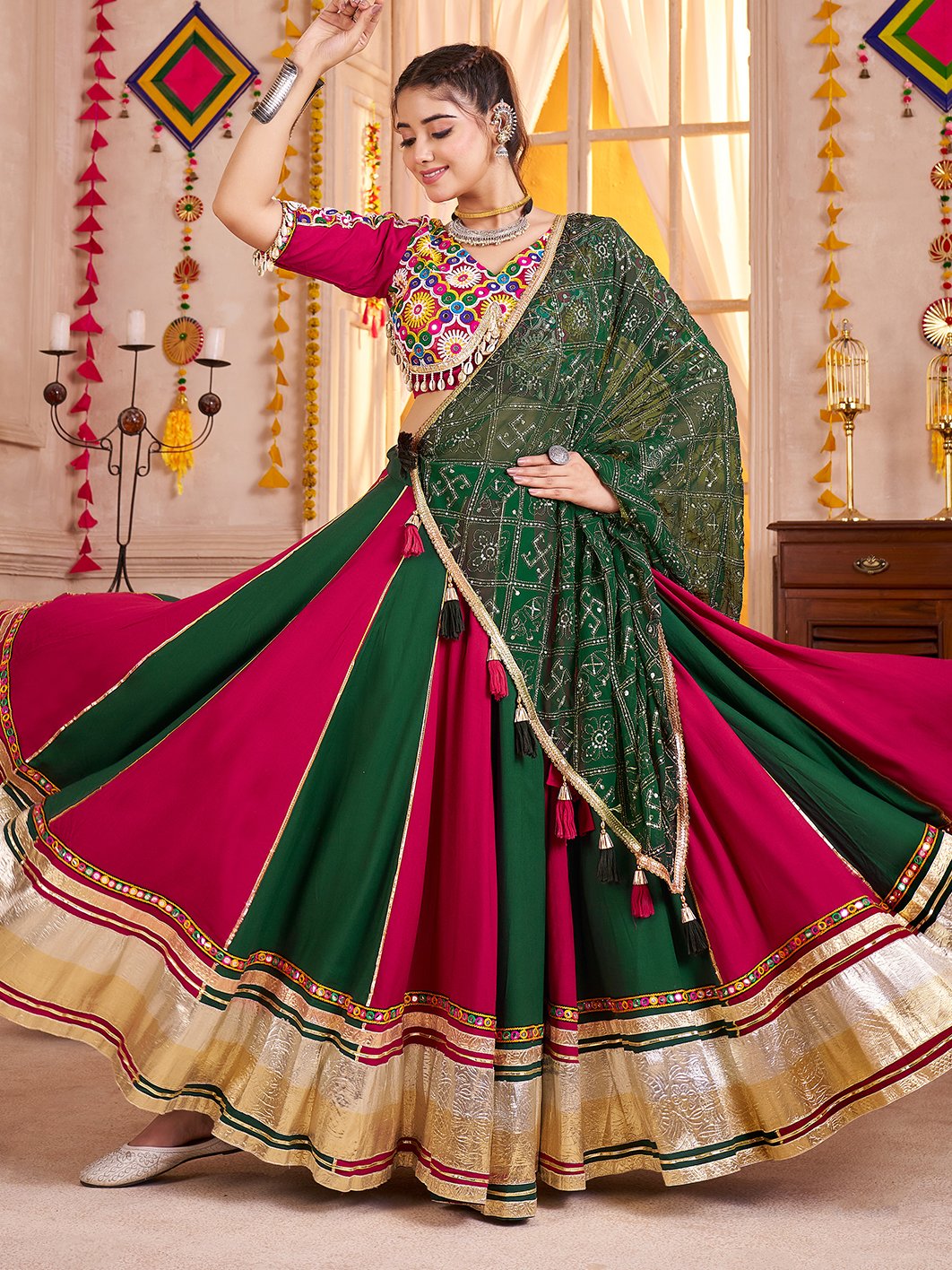 Amazing Multi-Color Lace Border Cotton Navratri Special Lehenga With Blouse