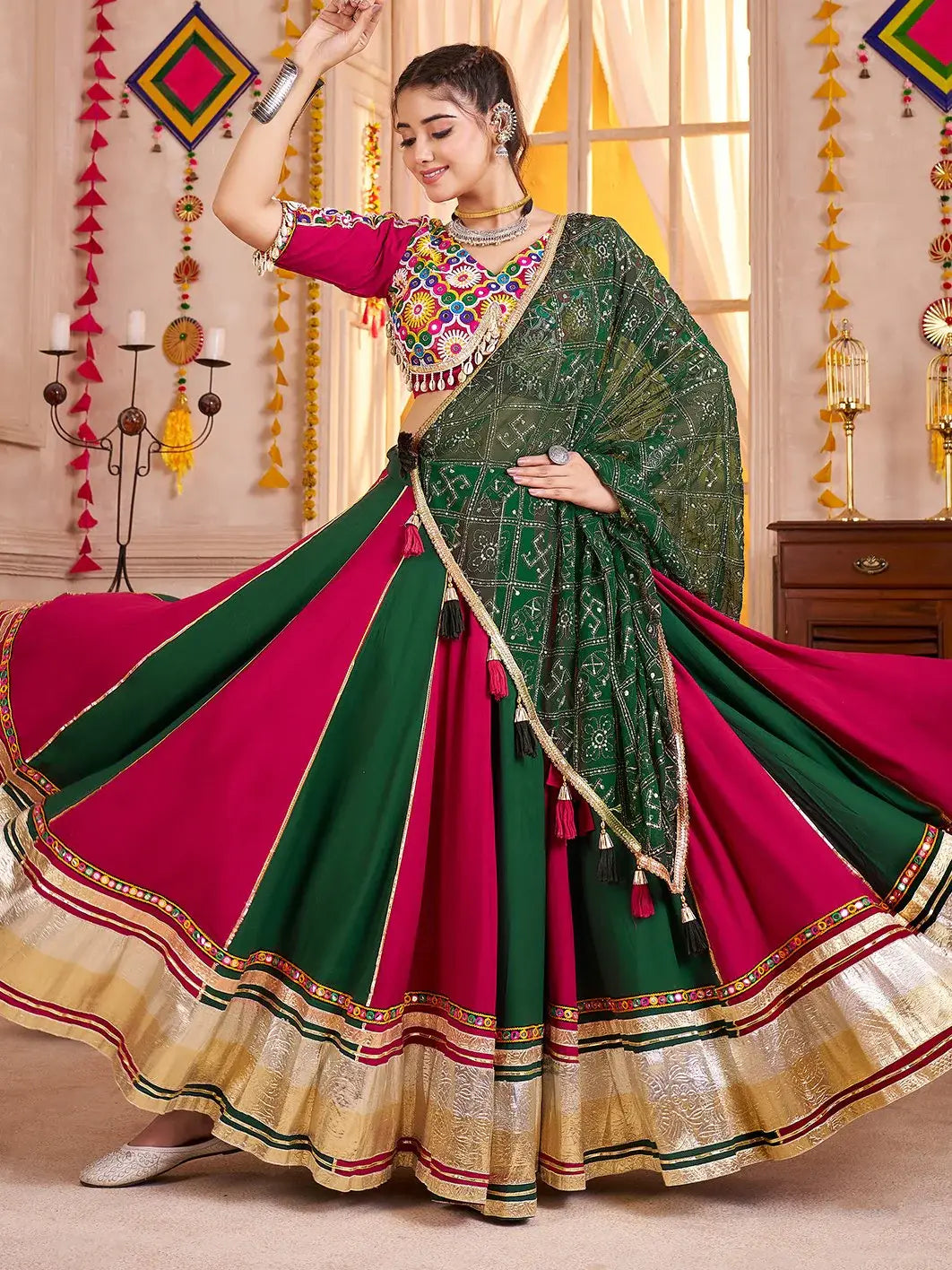 Amazing Multi-Color Lace Border Cotton Navratri Special Lehenga With Blouse