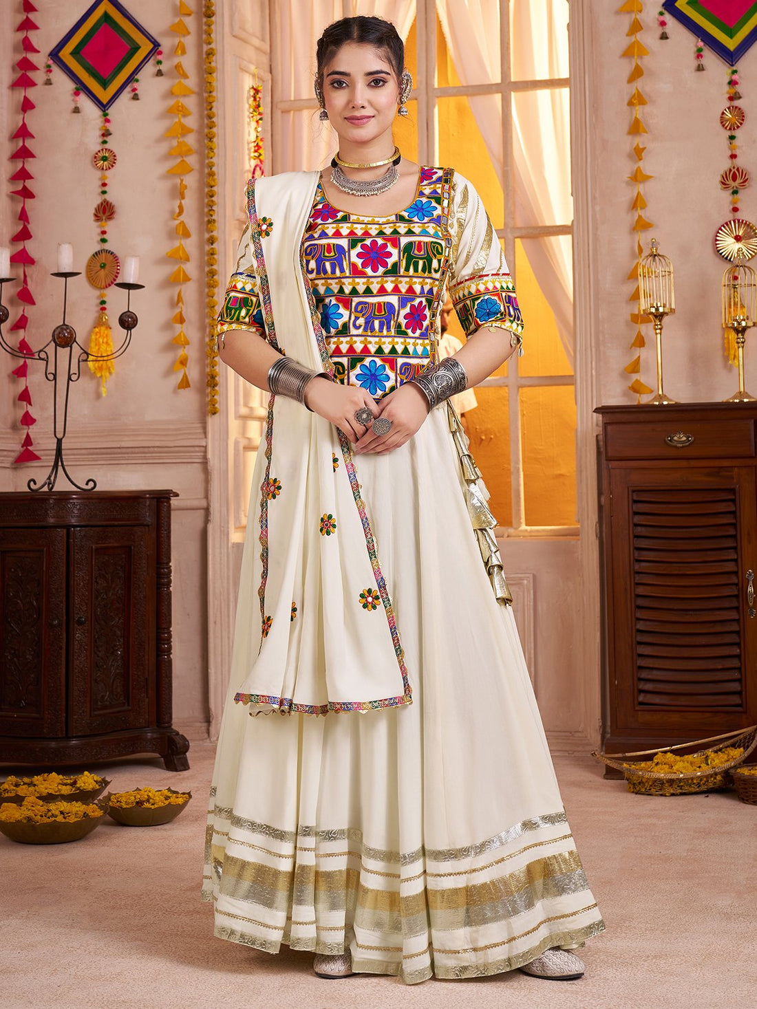 Remarkable White Cotton Navratri Wear Lehenga With Kutchi Work Blouse