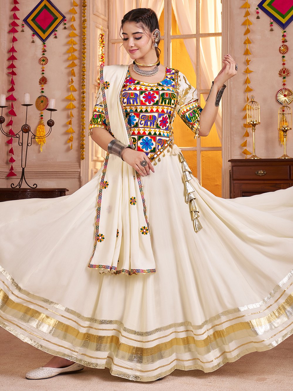 Remarkable White Cotton Navratri Wear Lehenga With Kutchi Work Blouse
