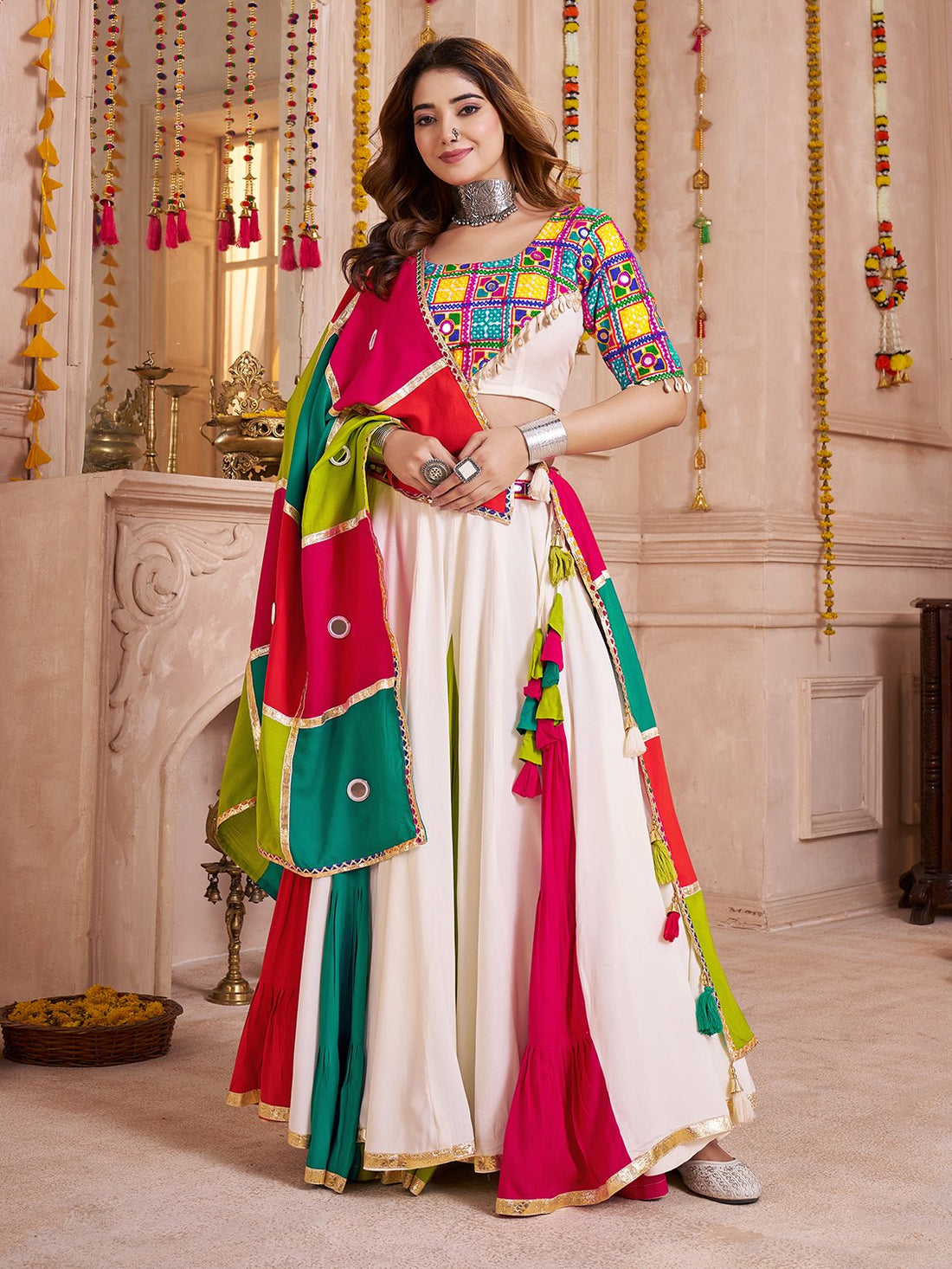 Spectacular Multi-Color Thread Embroidery Cotton Navratri Special Lehenga Choli