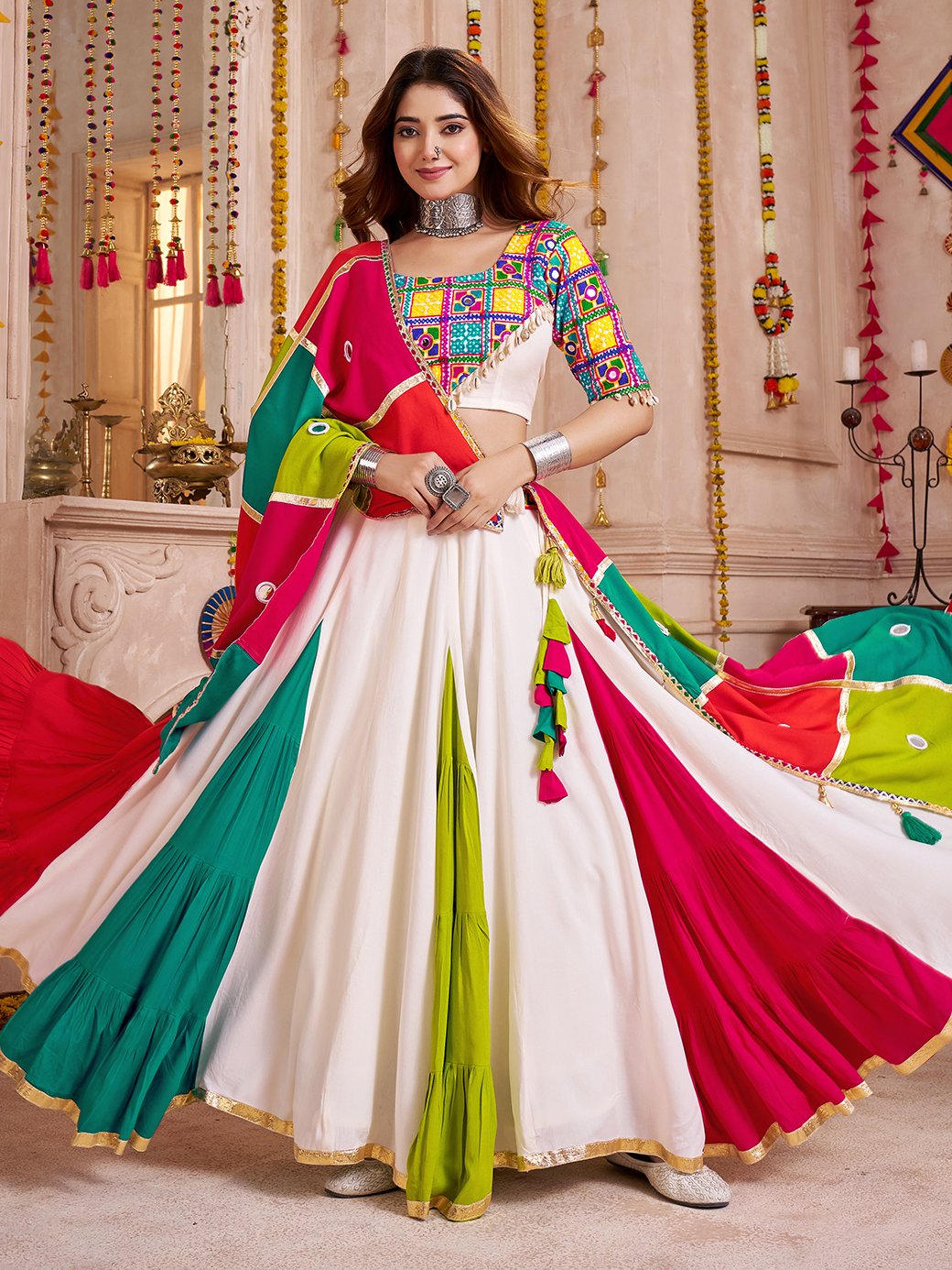 Spectacular Multi-Color Thread Embroidery Cotton Navratri Special Lehenga Choli