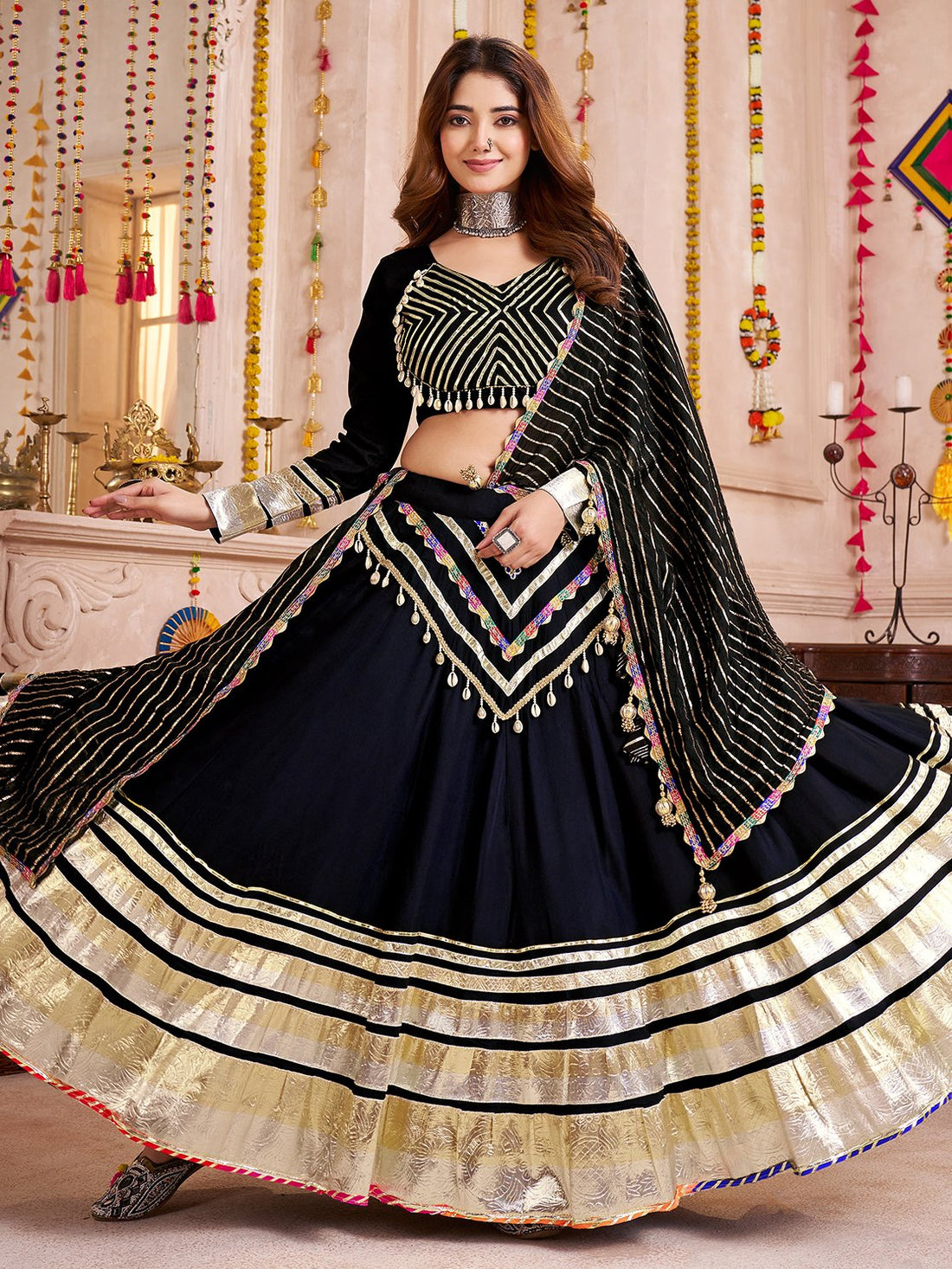 Lavish Black Lace Work Cotton Festive Wear Lehenga Choli With Dupatta