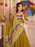 Wonderful Olive Green Lace Work Cotton Navratri Wear Lehenga With Blouse