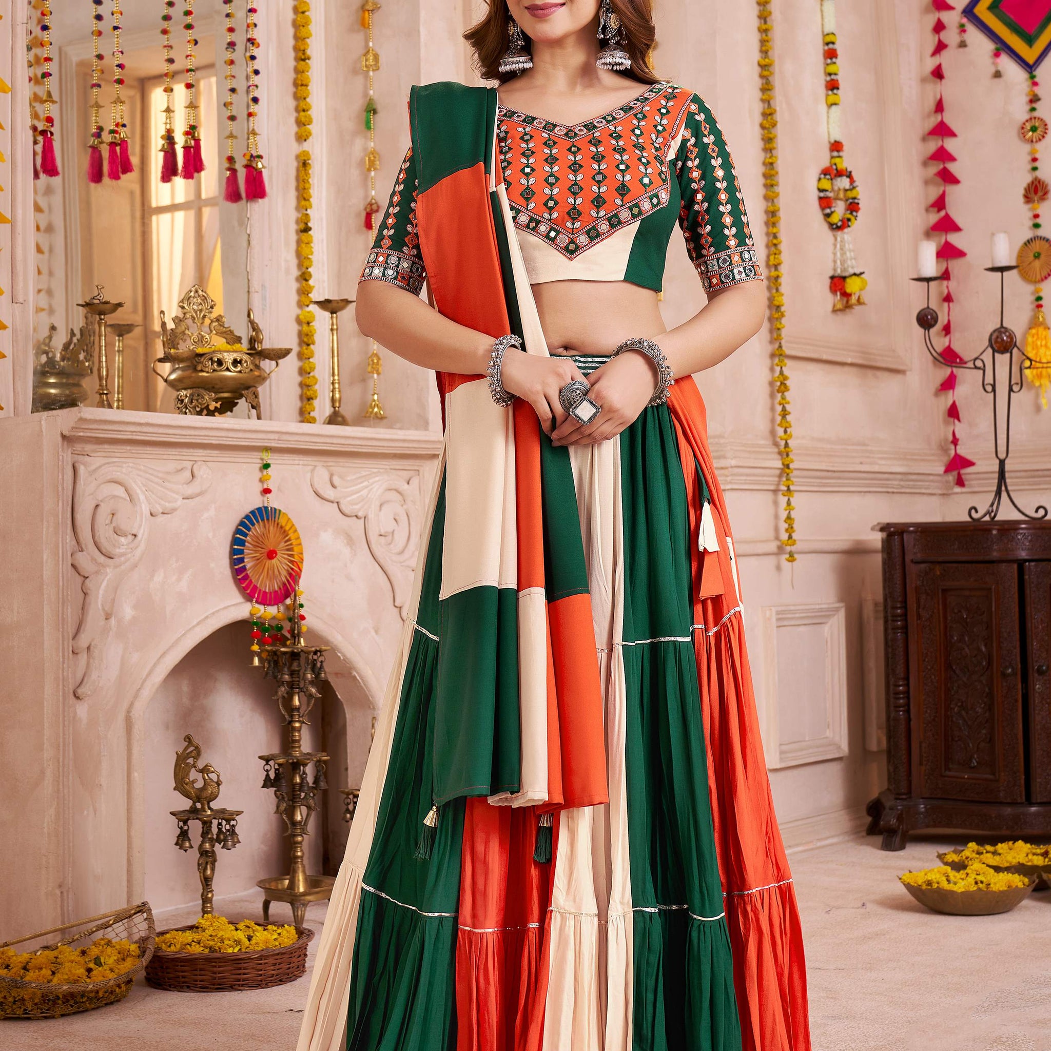 Mesmerizing Multi-Color Cotton Lehenga With Kutchi Patch Work Blouse