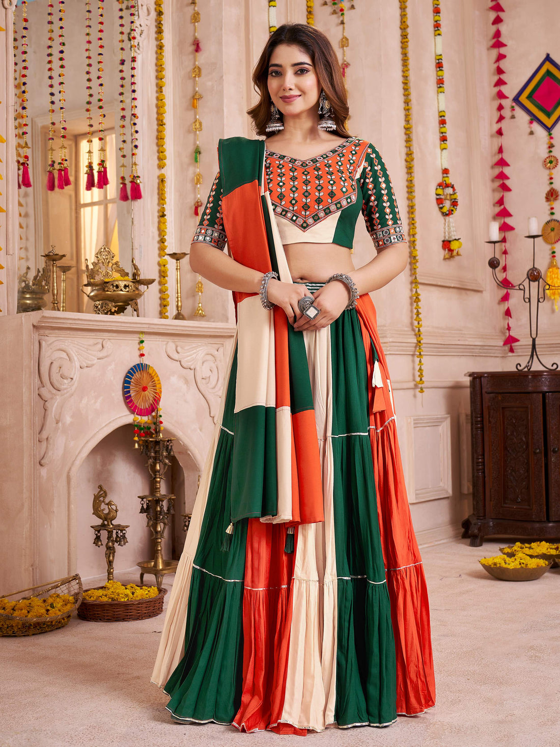 Mesmerizing Multi-Color Cotton Lehenga With Kutchi Patch Work Blouse