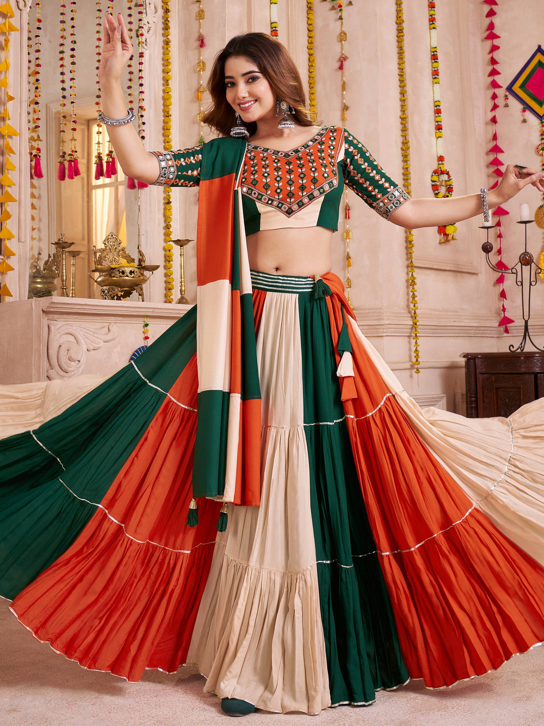Mesmerizing Multi-Color Cotton Lehenga With Kutchi Patch Work Blouse