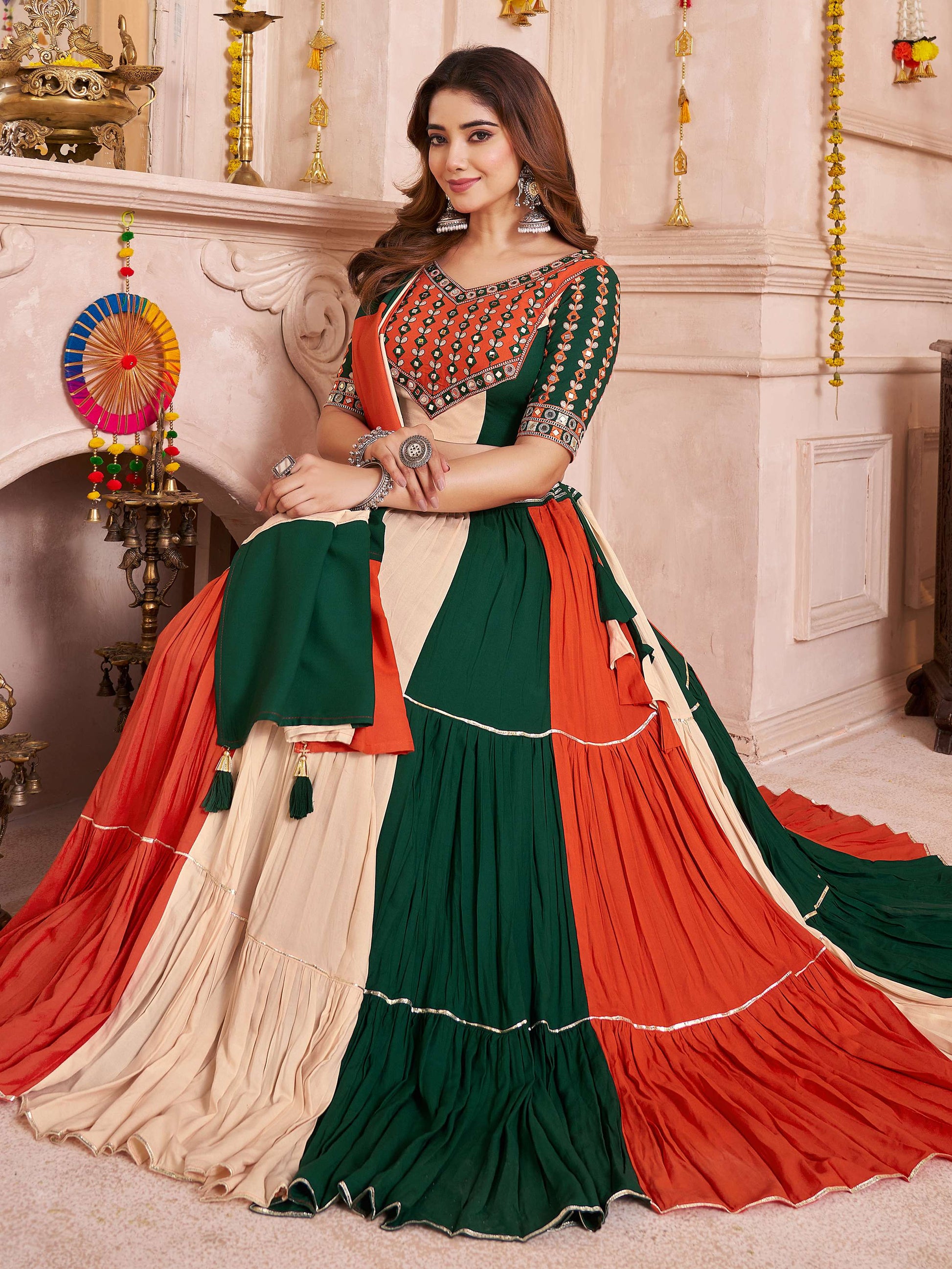 Mesmerizing Multi-Color Cotton Lehenga With Kutchi Patch Work Blouse