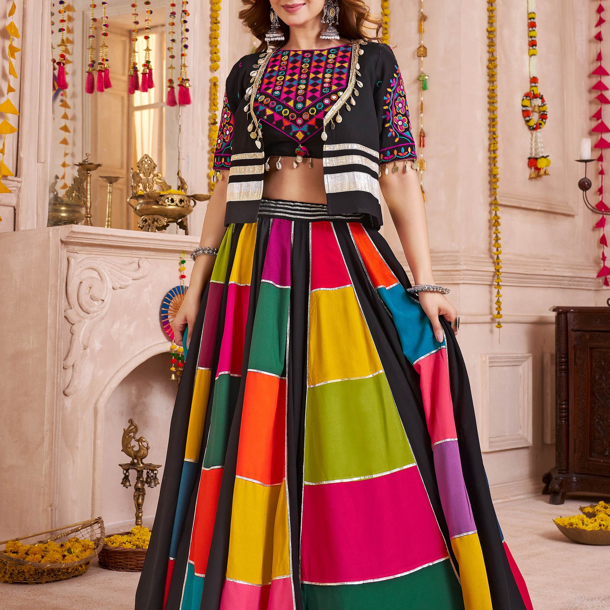 Stunning Multi-Color Gota Patti Cotton Navratri Special Lehenga Choli With Jacket