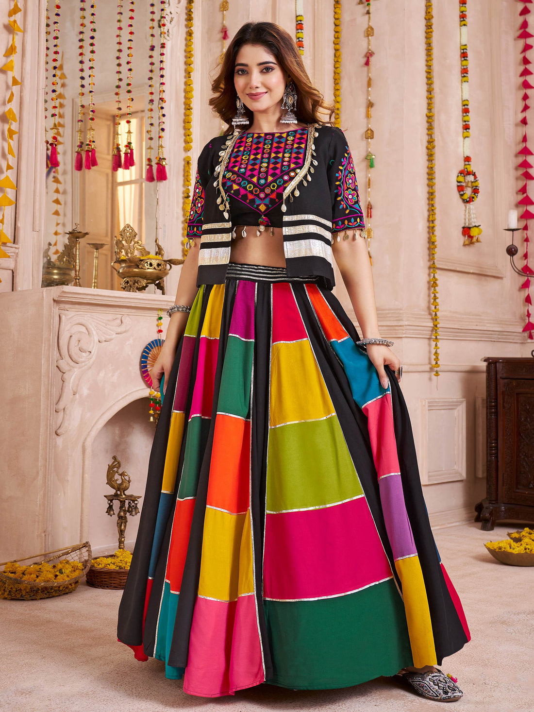 Stunning Multi-Color Gota Patti Cotton Navratri Special Lehenga Choli With Jacket