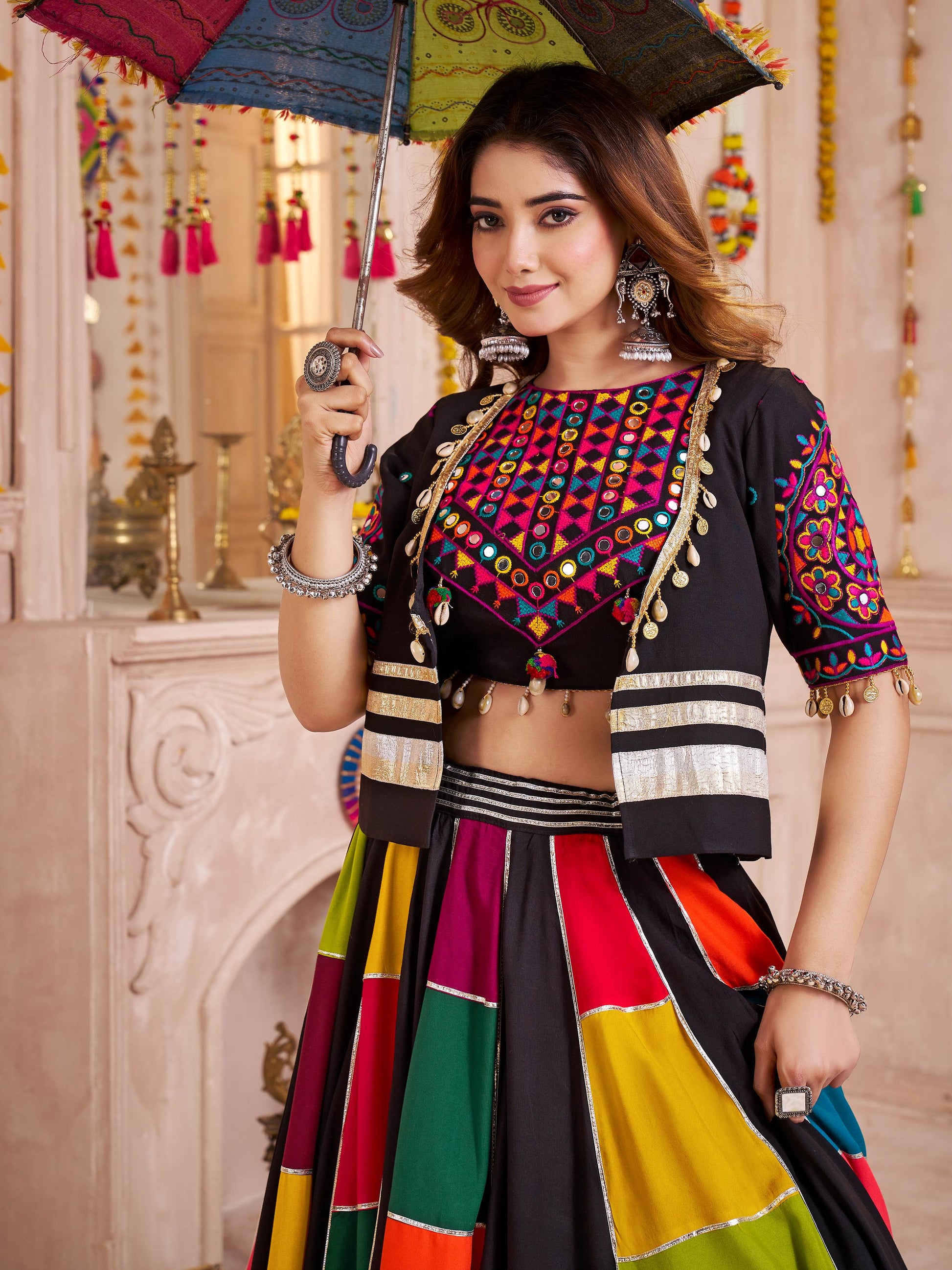 Stunning Multi-Color Gota Patti Cotton Navratri Special Lehenga Choli With Jacket
