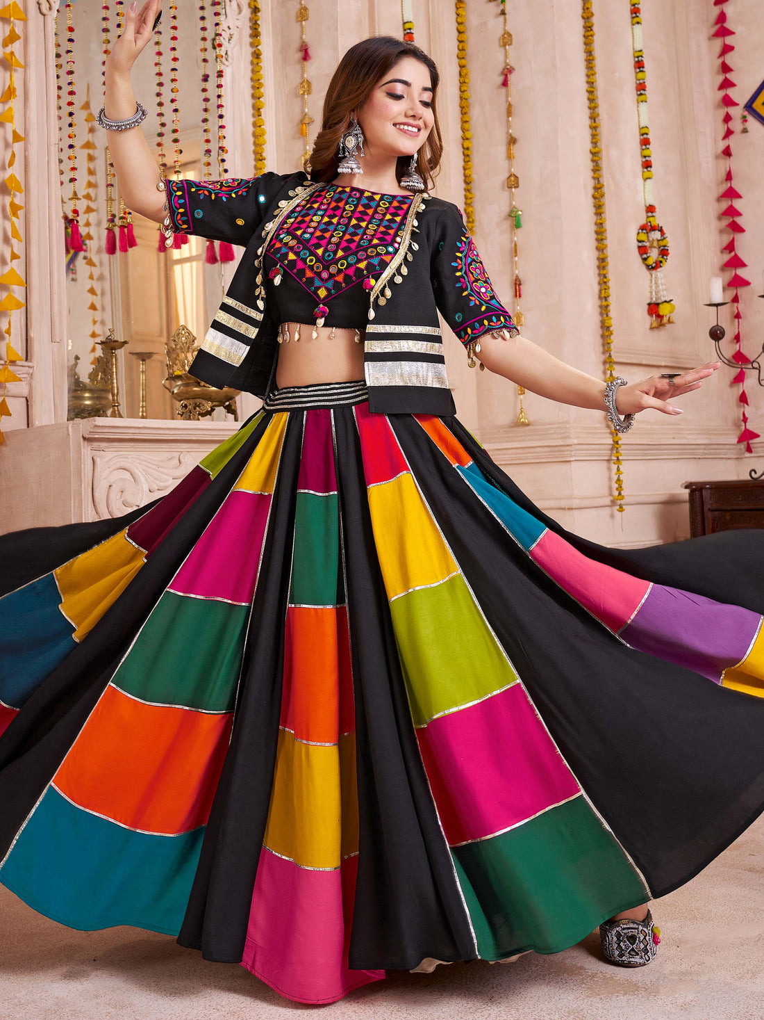 Stunning Multi-Color Gota Patti Cotton Navratri Special Lehenga Choli With Jacket