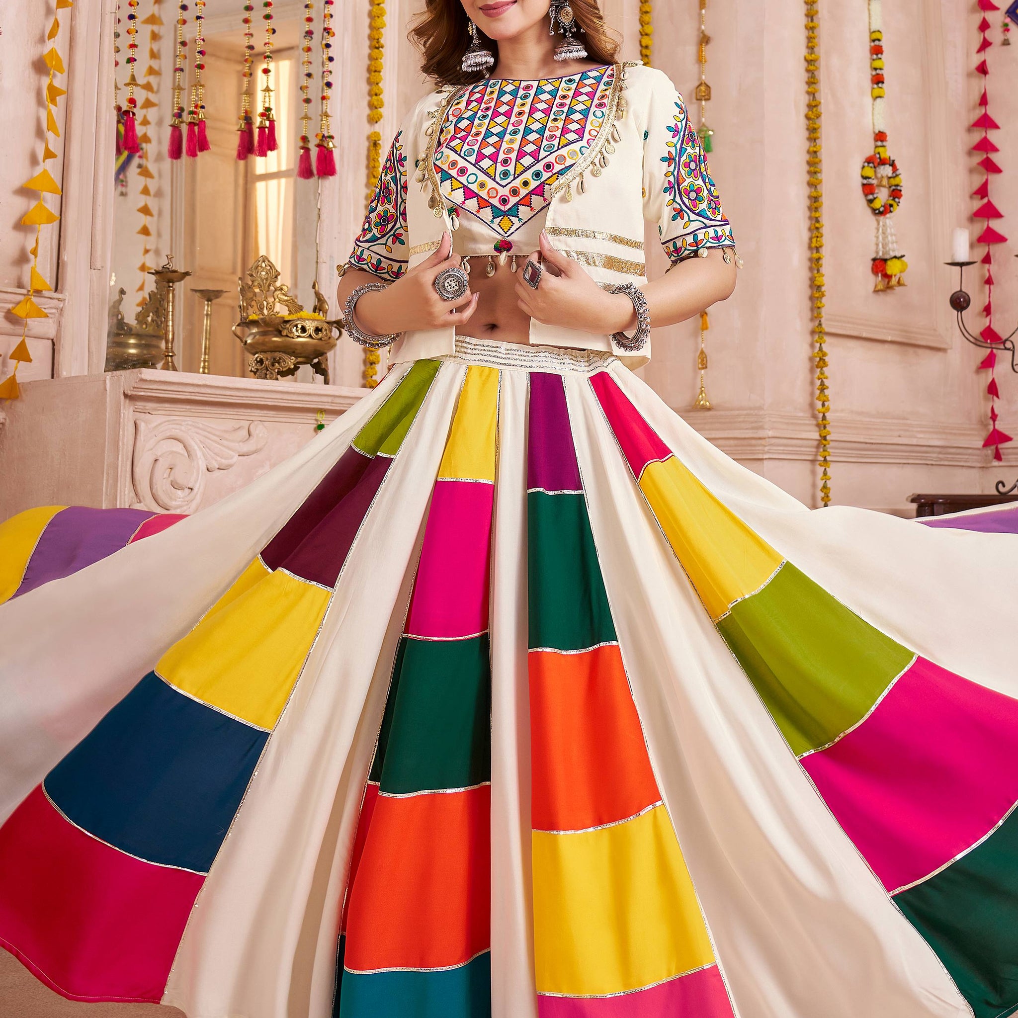 Classy Multi-Color Patch Work Cotton Navratri Wear Lehenga Choli With Jacket