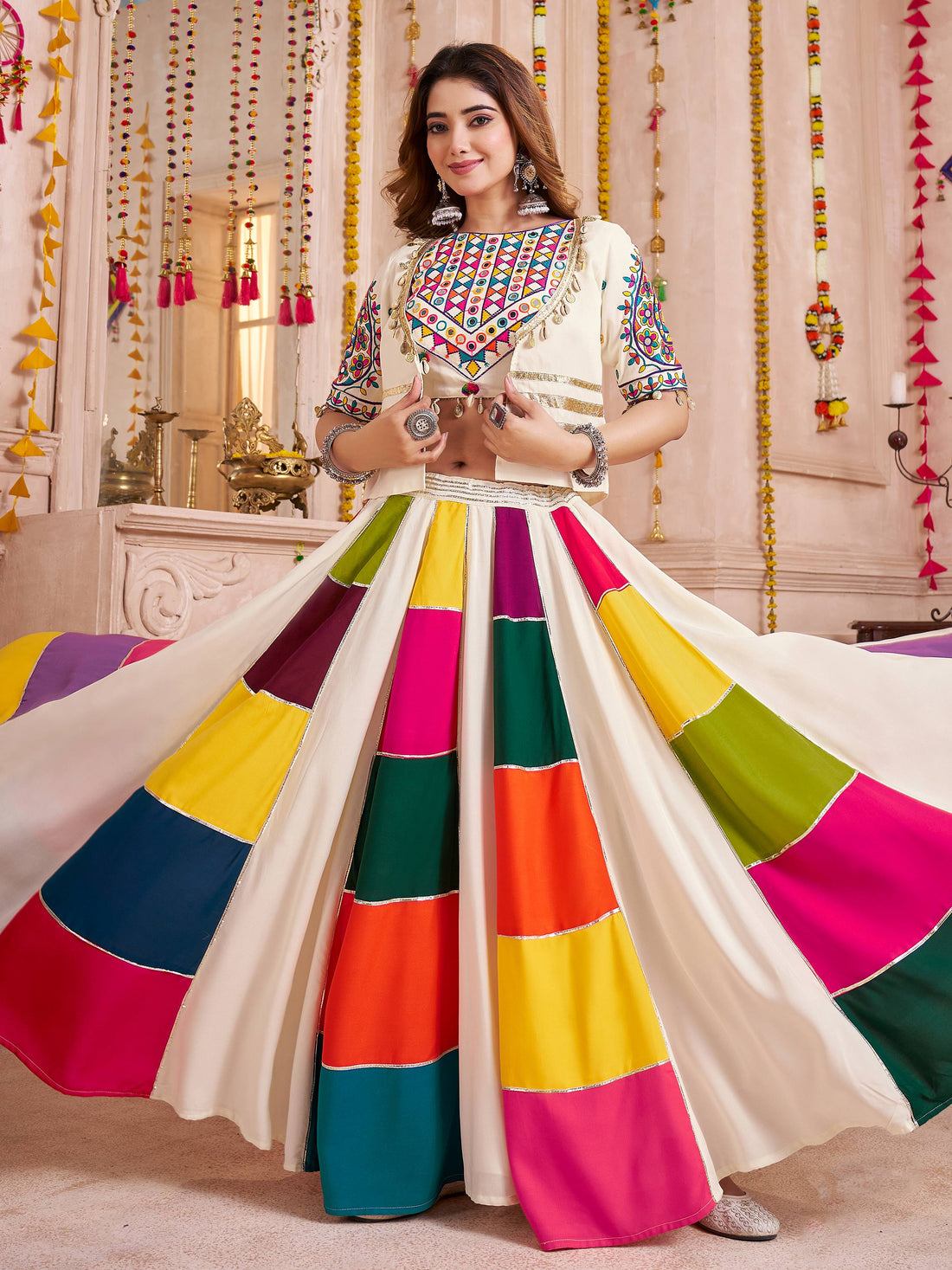Classy Multi-Color Patch Work Cotton Navratri Wear Lehenga Choli With Jacket
