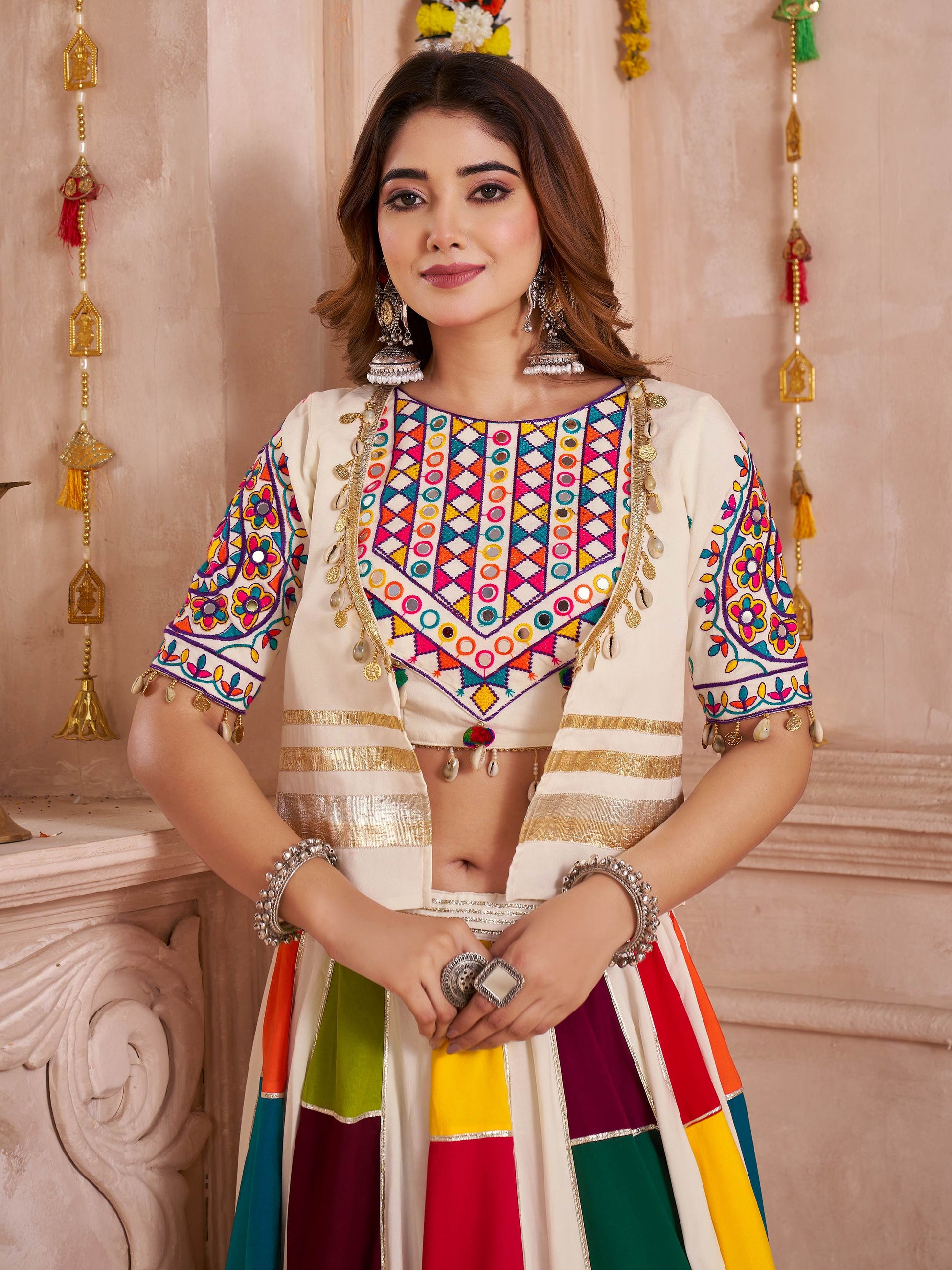 Classy Multi-Color Patch Work Cotton Navratri Wear Lehenga Choli With Jacket