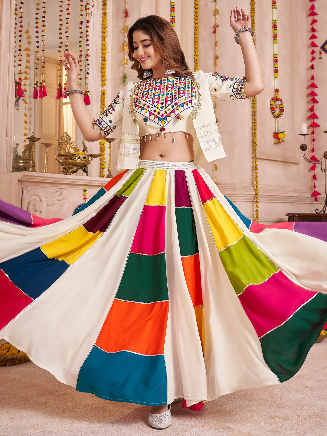 Classy Multi-Color Patch Work Cotton Navratri Wear Lehenga Choli With Jacket