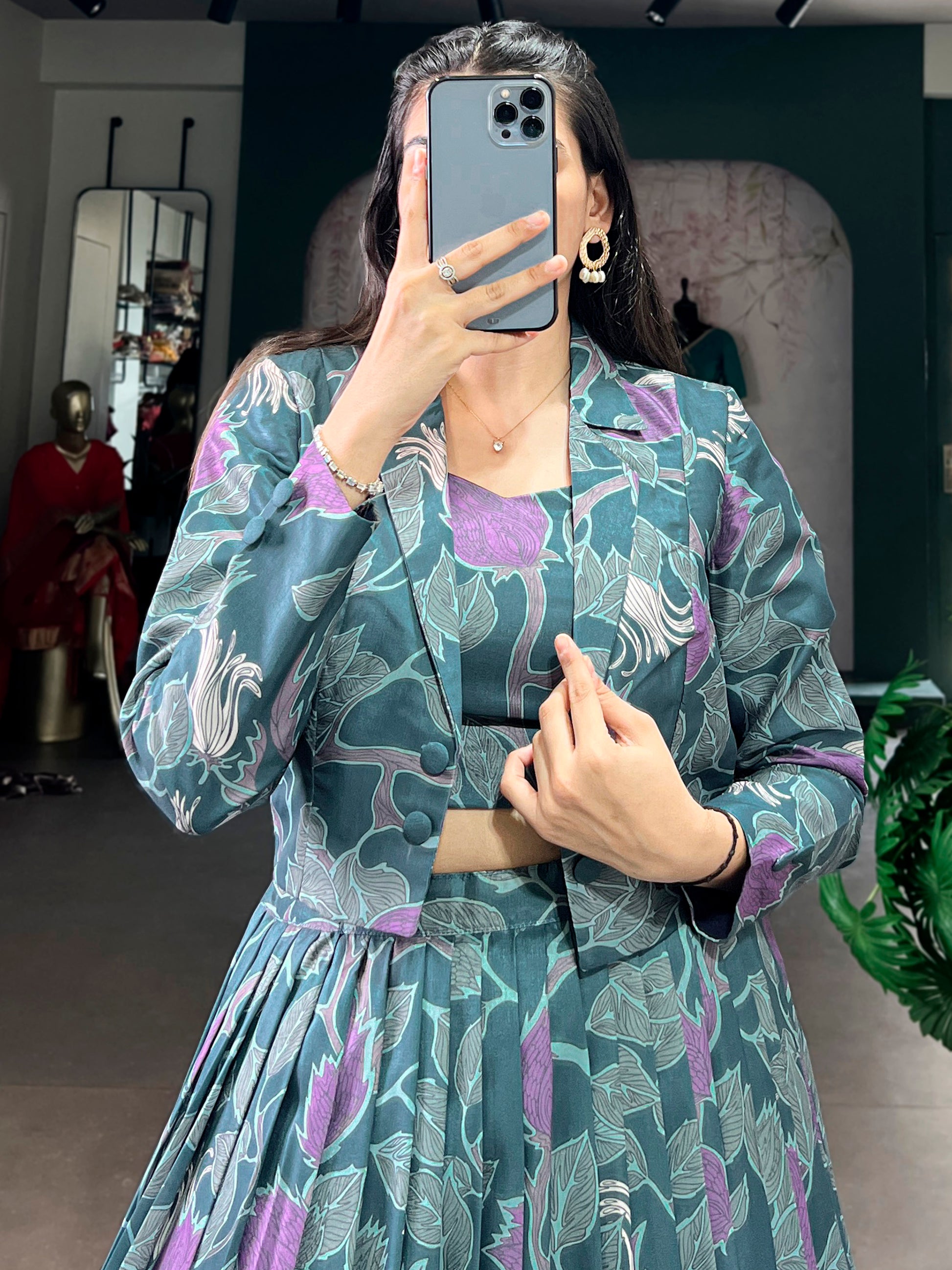 Rich Teal Green Printed Silk Designer Crop Top Lehenga With Jacket