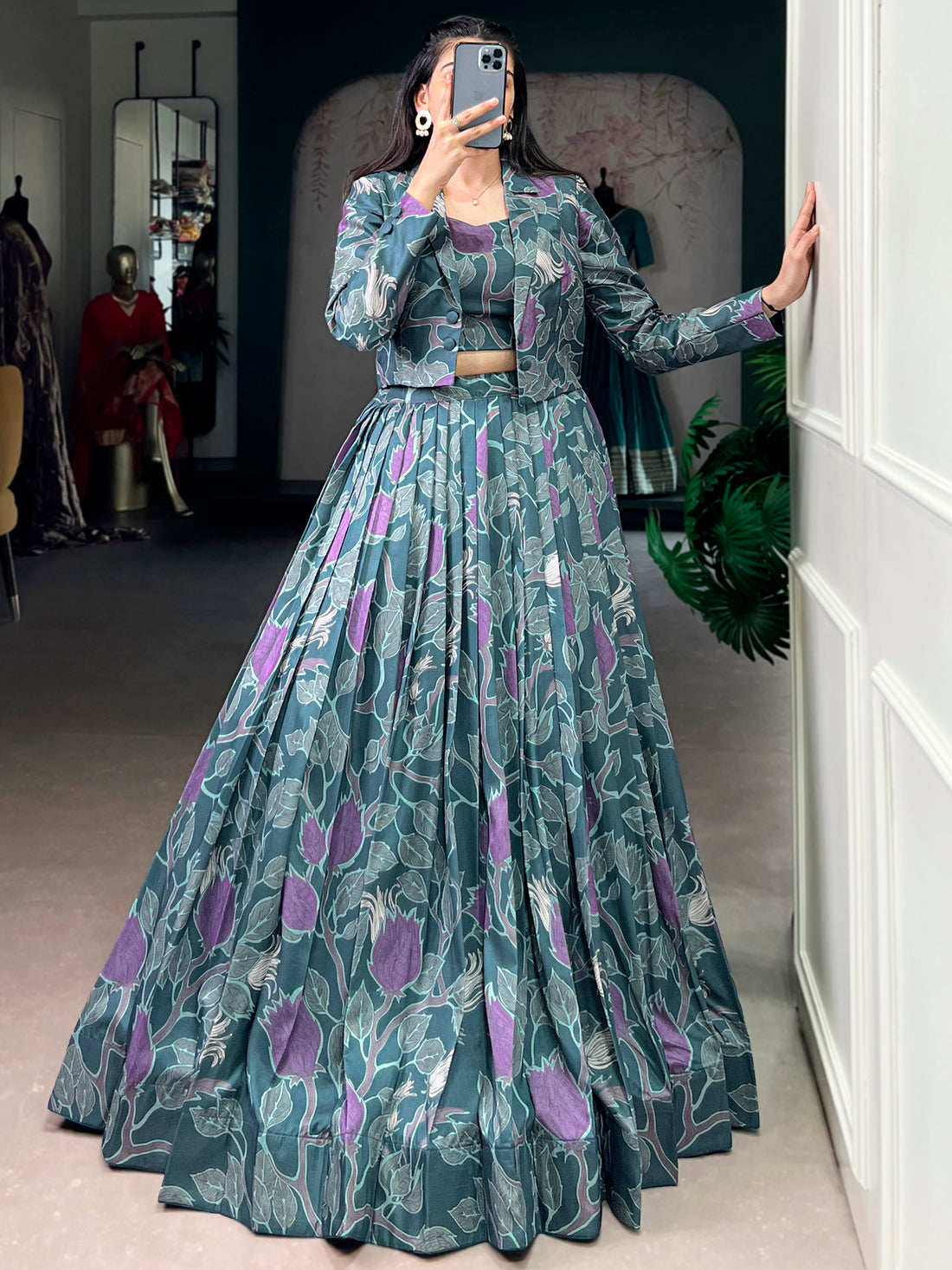 Rich Teal Green Printed Silk Designer Crop Top Lehenga With Jacket