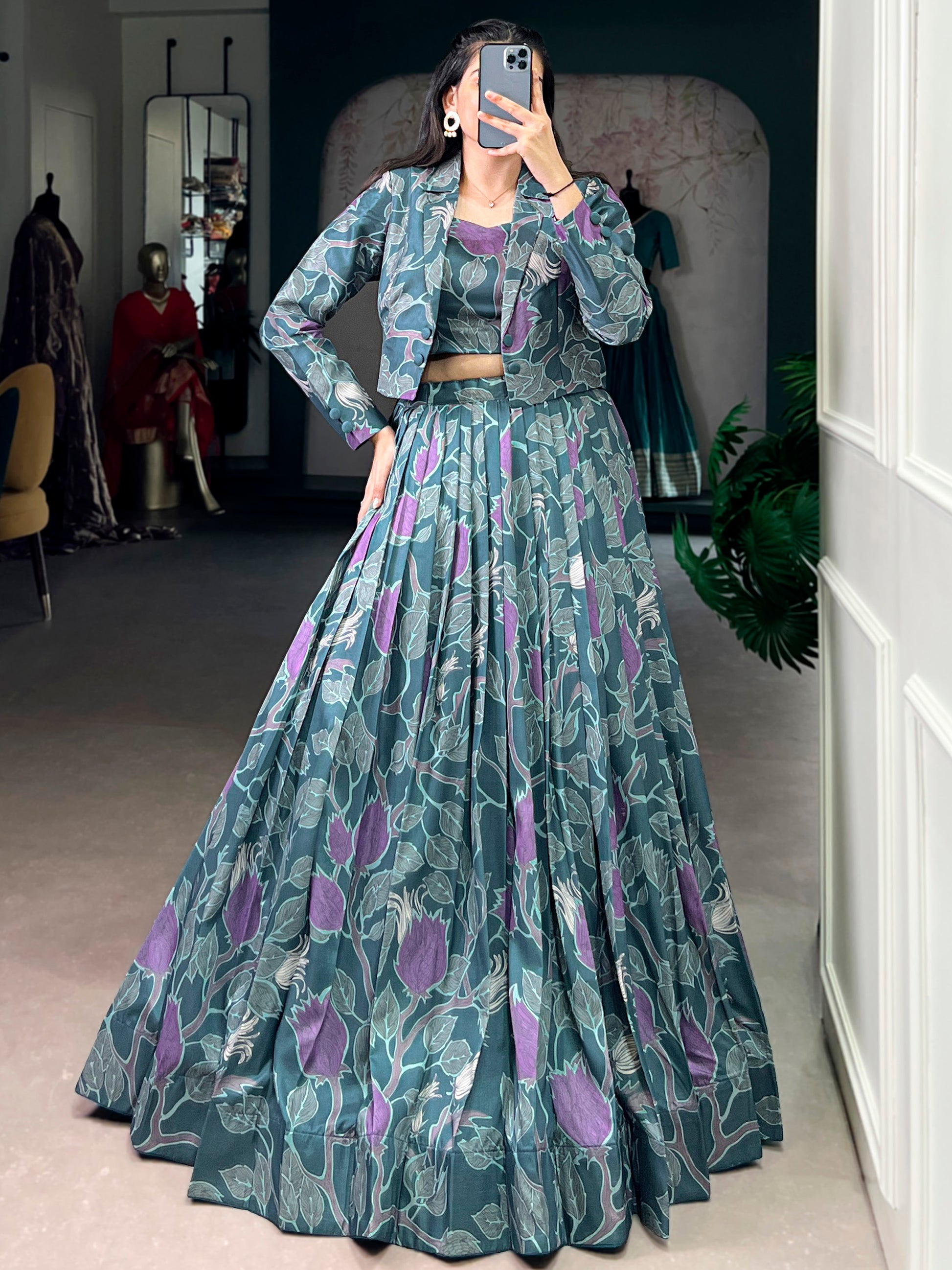 Rich Teal Green Printed Silk Designer Crop Top Lehenga With Jacket
