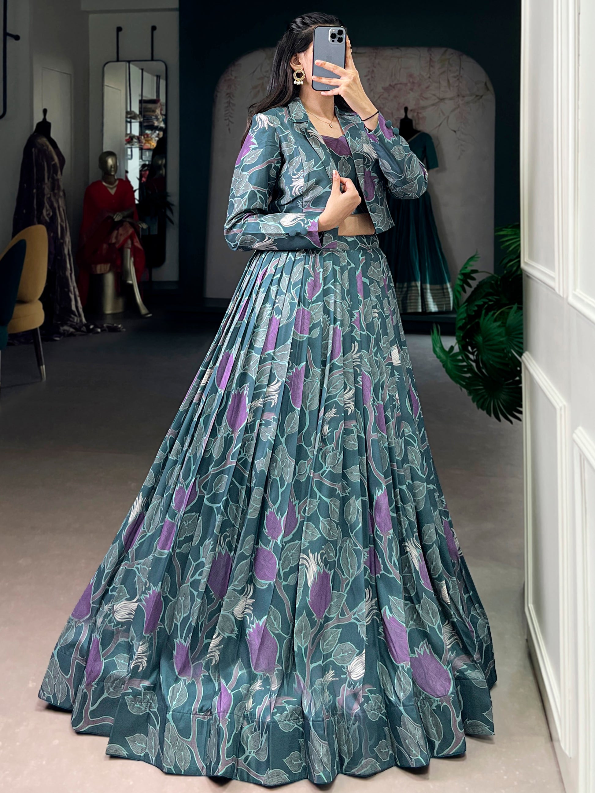 Rich Teal Green Printed Silk Designer Crop Top Lehenga With Jacket