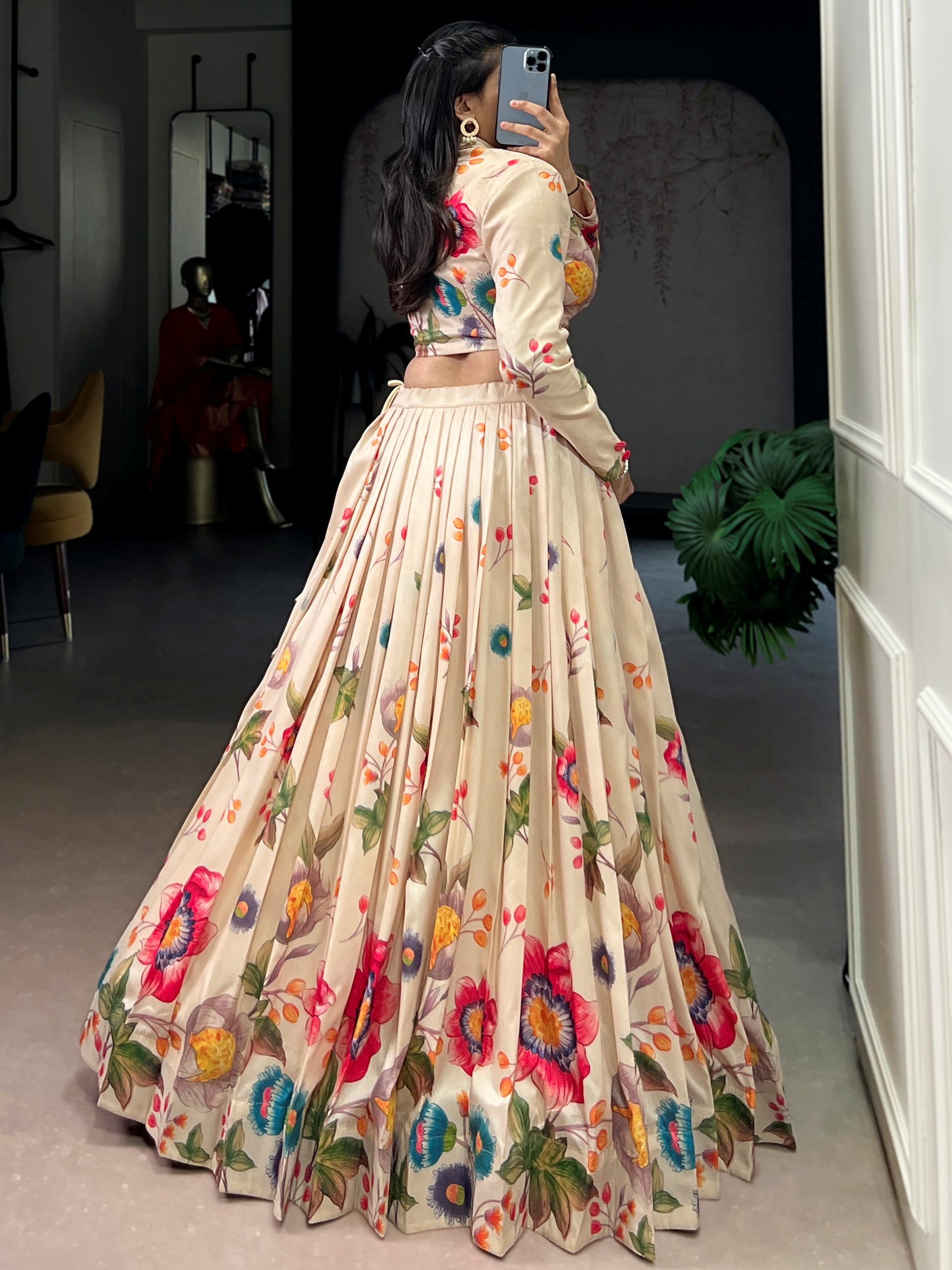 Beautiful Beige Floral Printed Tussar Silk Designer Crop Top Lehenga