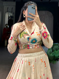 Beautiful Beige Floral Printed Tussar Silk Designer Crop Top Lehenga