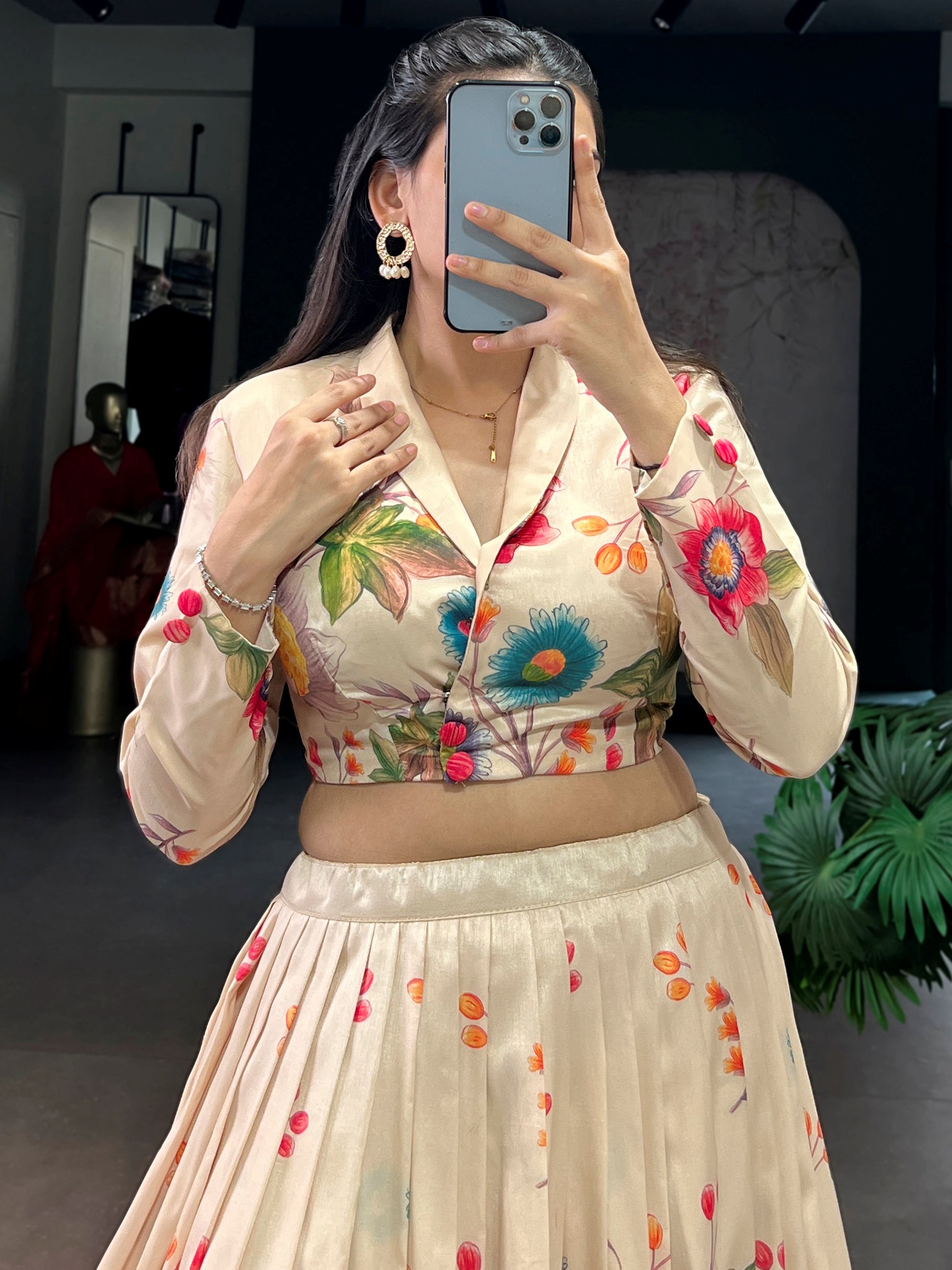 Beautiful Beige Floral Printed Tussar Silk Designer Crop Top Lehenga