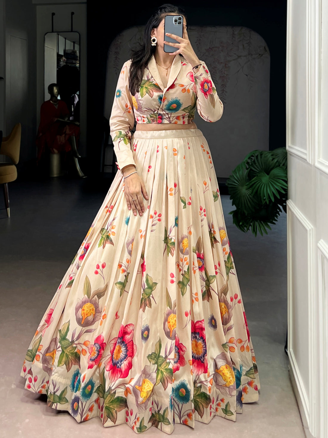 Beautiful Beige Floral Printed Tussar Silk Designer Crop Top Lehenga