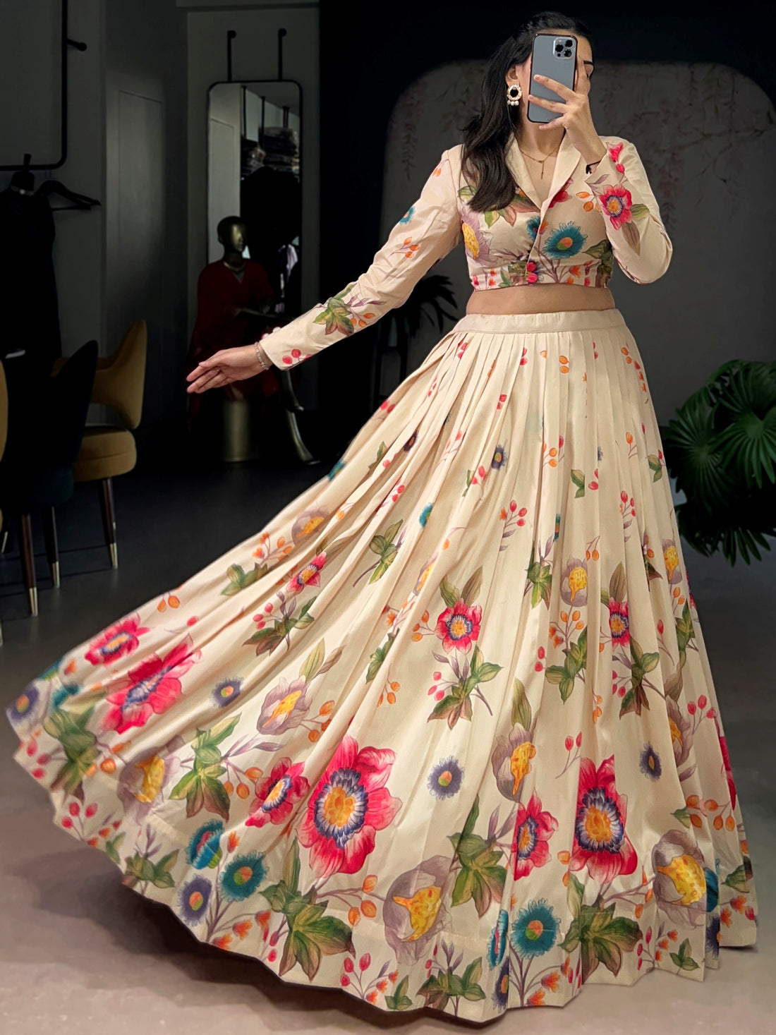 Beautiful Beige Floral Printed Tussar Silk Designer Crop Top Lehenga