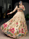 Beautiful Beige Floral Printed Tussar Silk Designer Crop Top Lehenga