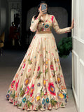 Beautiful Beige Floral Printed Tussar Silk Designer Crop Top Lehenga