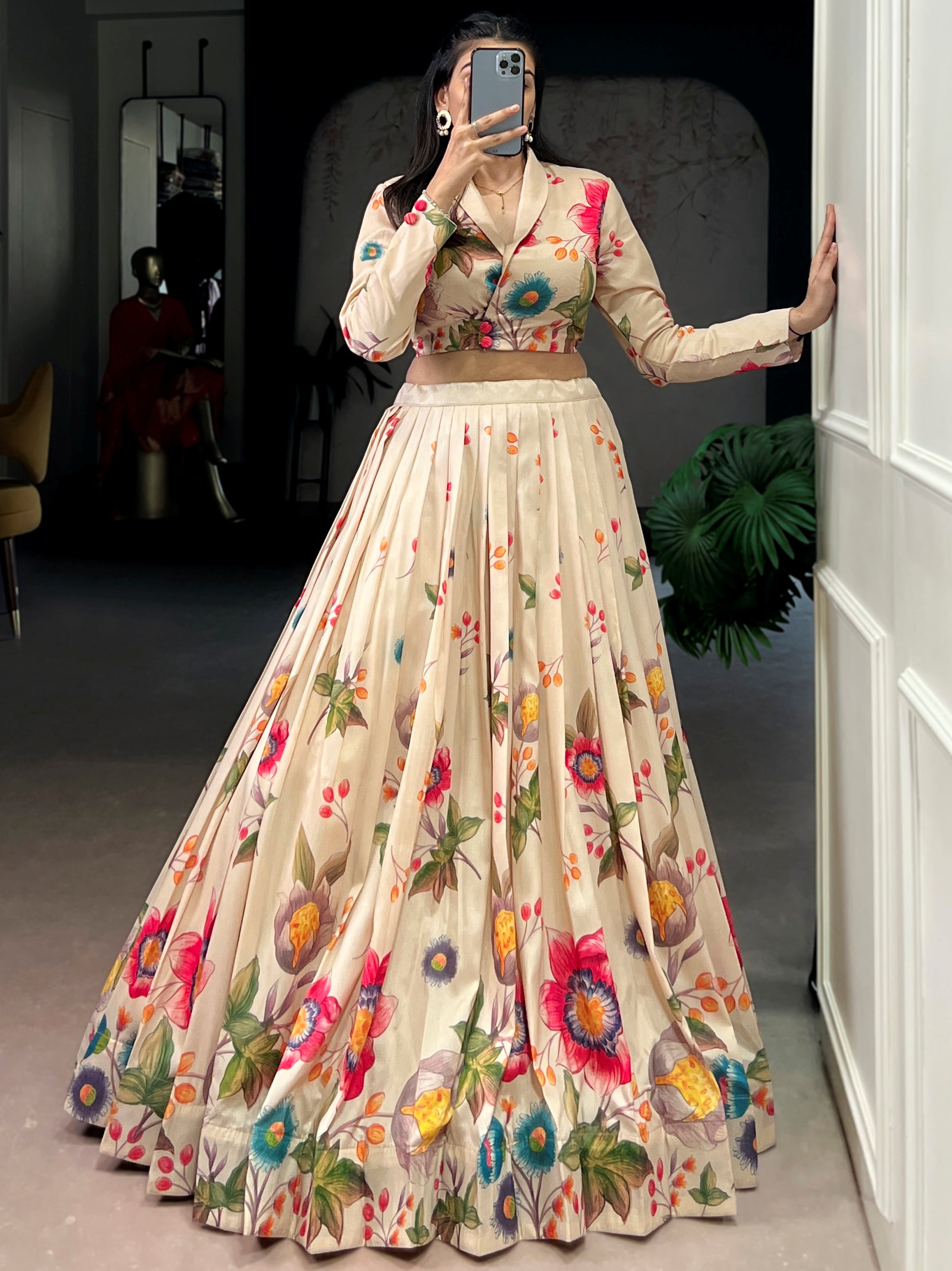 Beautiful Beige Floral Printed Tussar Silk Designer Crop Top Lehenga