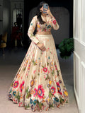 Beautiful Beige Floral Printed Tussar Silk Designer Crop Top Lehenga