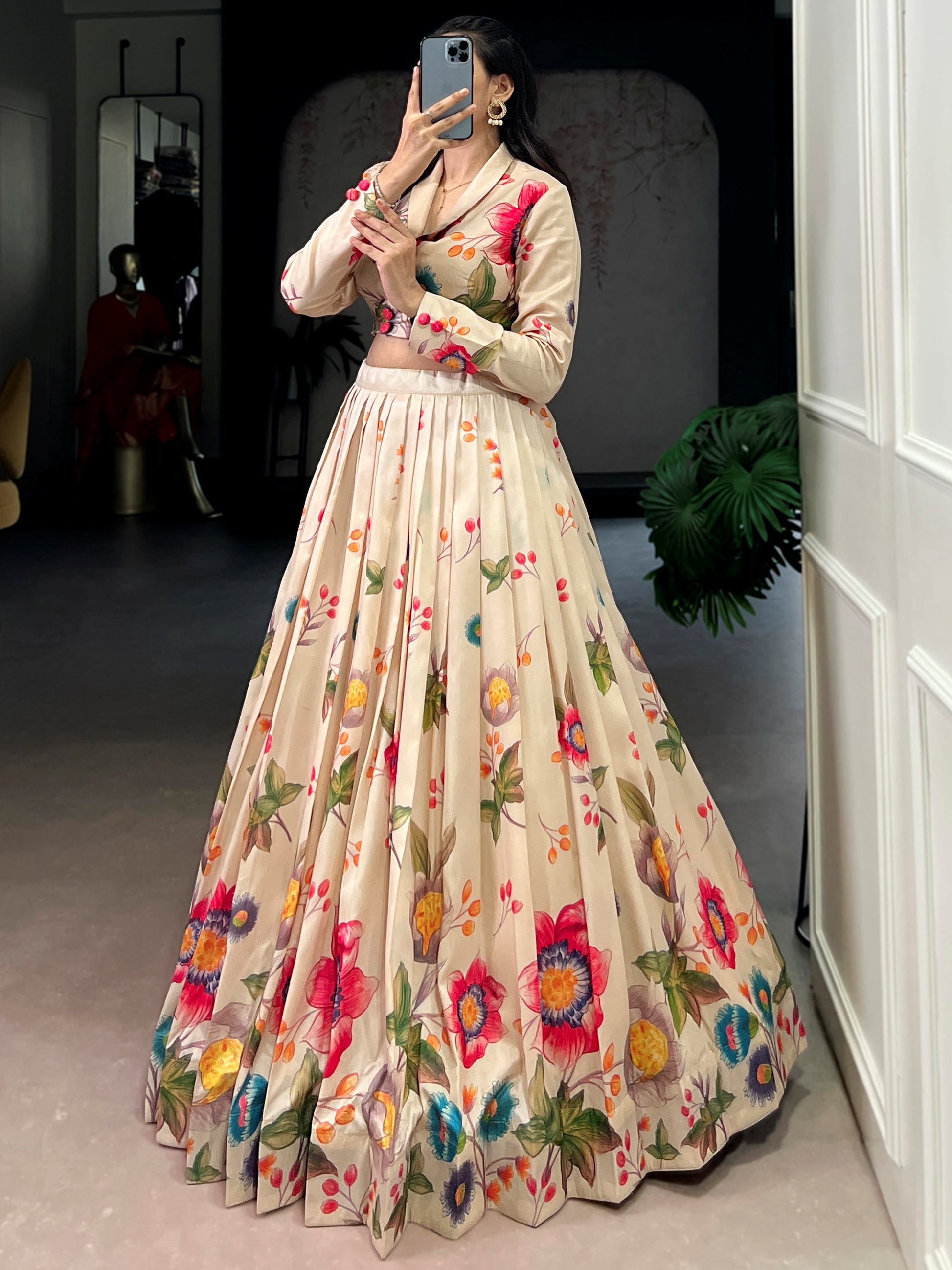 Beautiful Beige Floral Printed Tussar Silk Designer Crop Top Lehenga