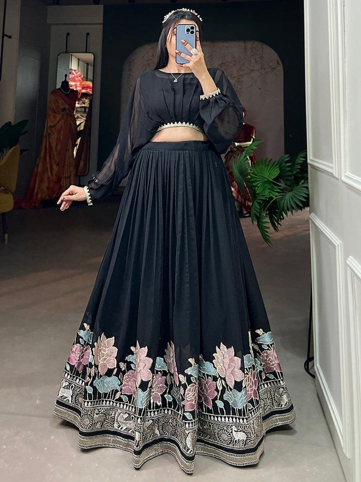 Amazing Black Embroidered Georgette Designer Crop Top Lehenga