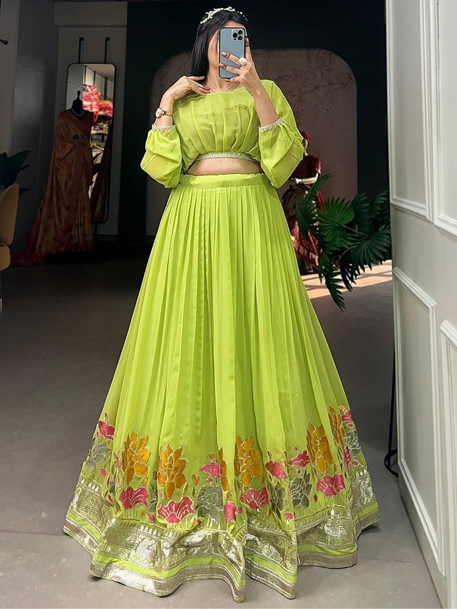 Fancified Green Embroidered Georgette Wedding Wear Crop Top Lehenga