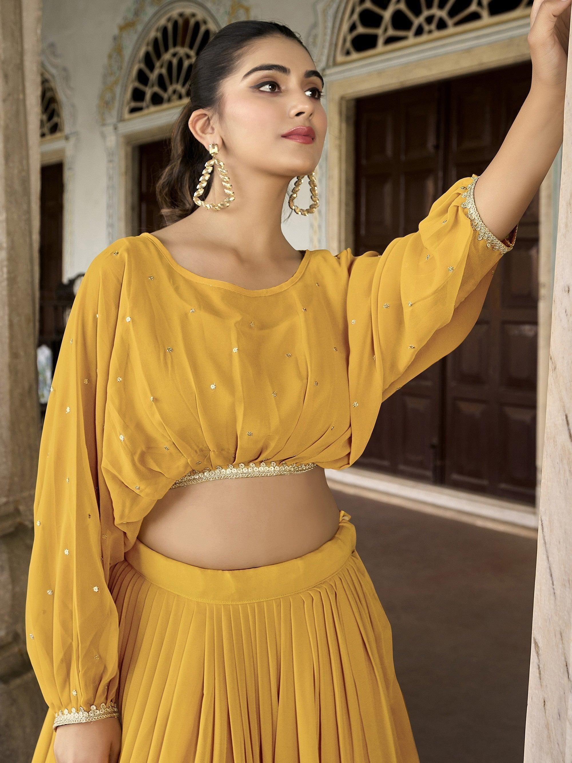 Buy Yellow Embroidered Georgette Indo Western Crop Top Lehenga At Zeel Clothing